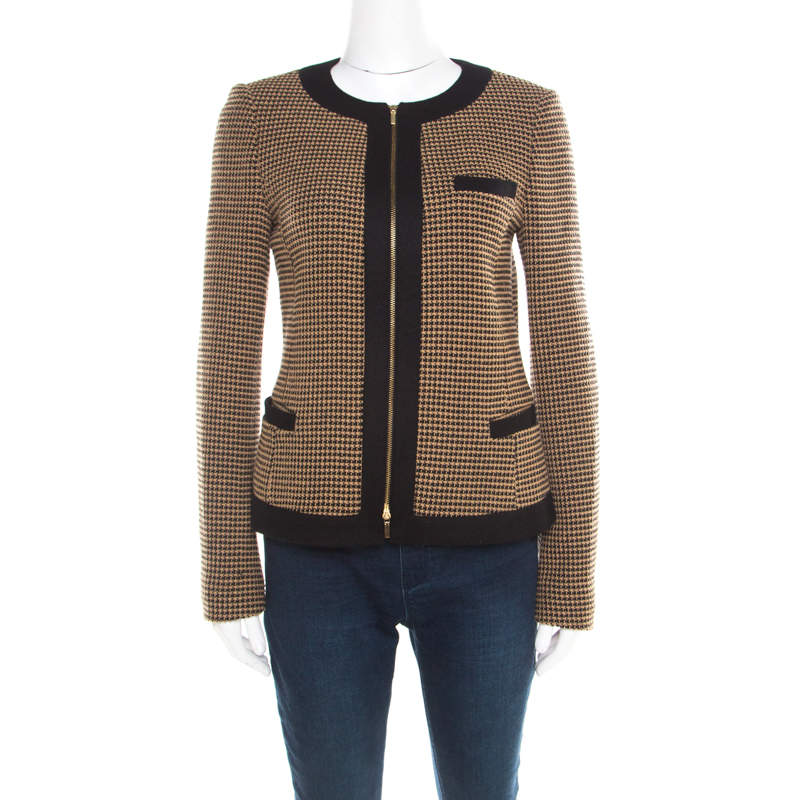 Pre Owned جاكيت بوس باي هوغو بوس أسود وبني منقوش بسحاب أمامي S