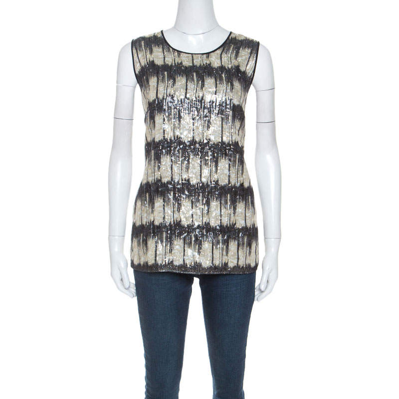 Pre Owned توب بوس باي هوغو بوس إبيرلا  لوريكس ميتاليك مطبوع بشراشيب مزينة  M