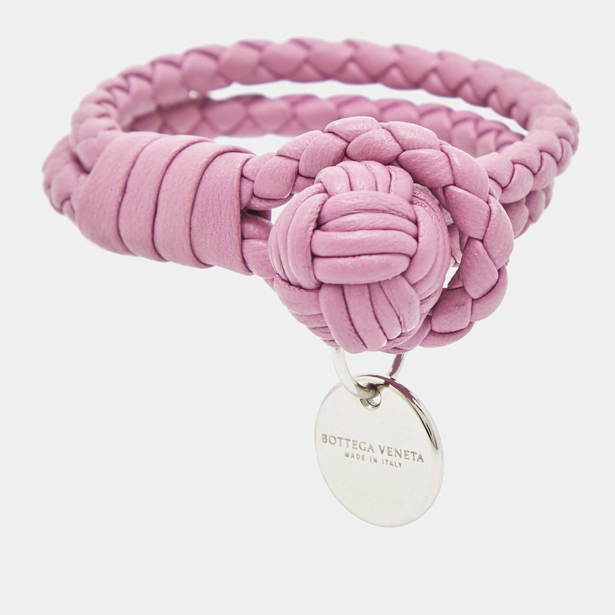 Bottega Veneta Intercciato Leather Silver Tone Bracelet