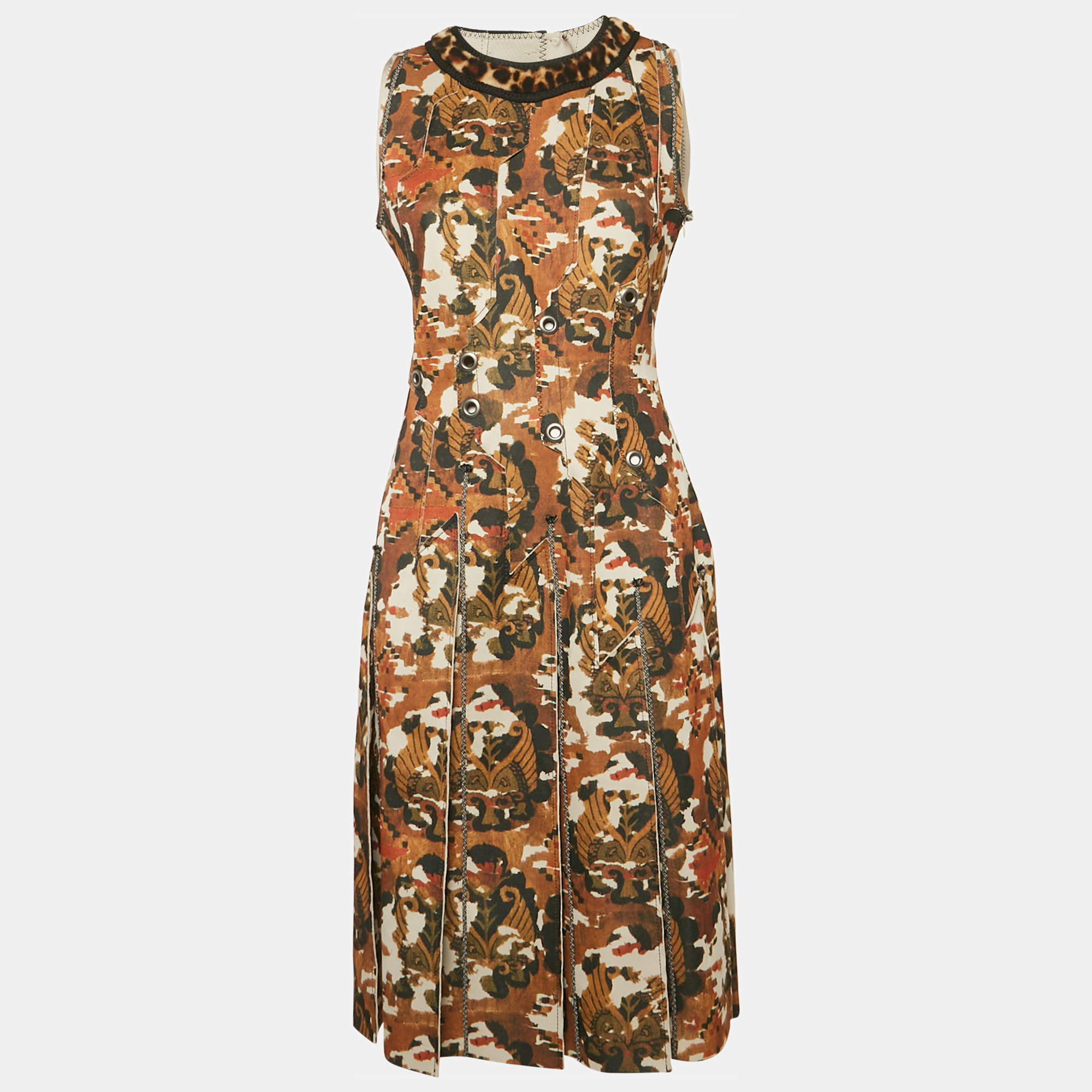 Bottega Veneta Yellow Printed Jersey Pleated Midi Dress M