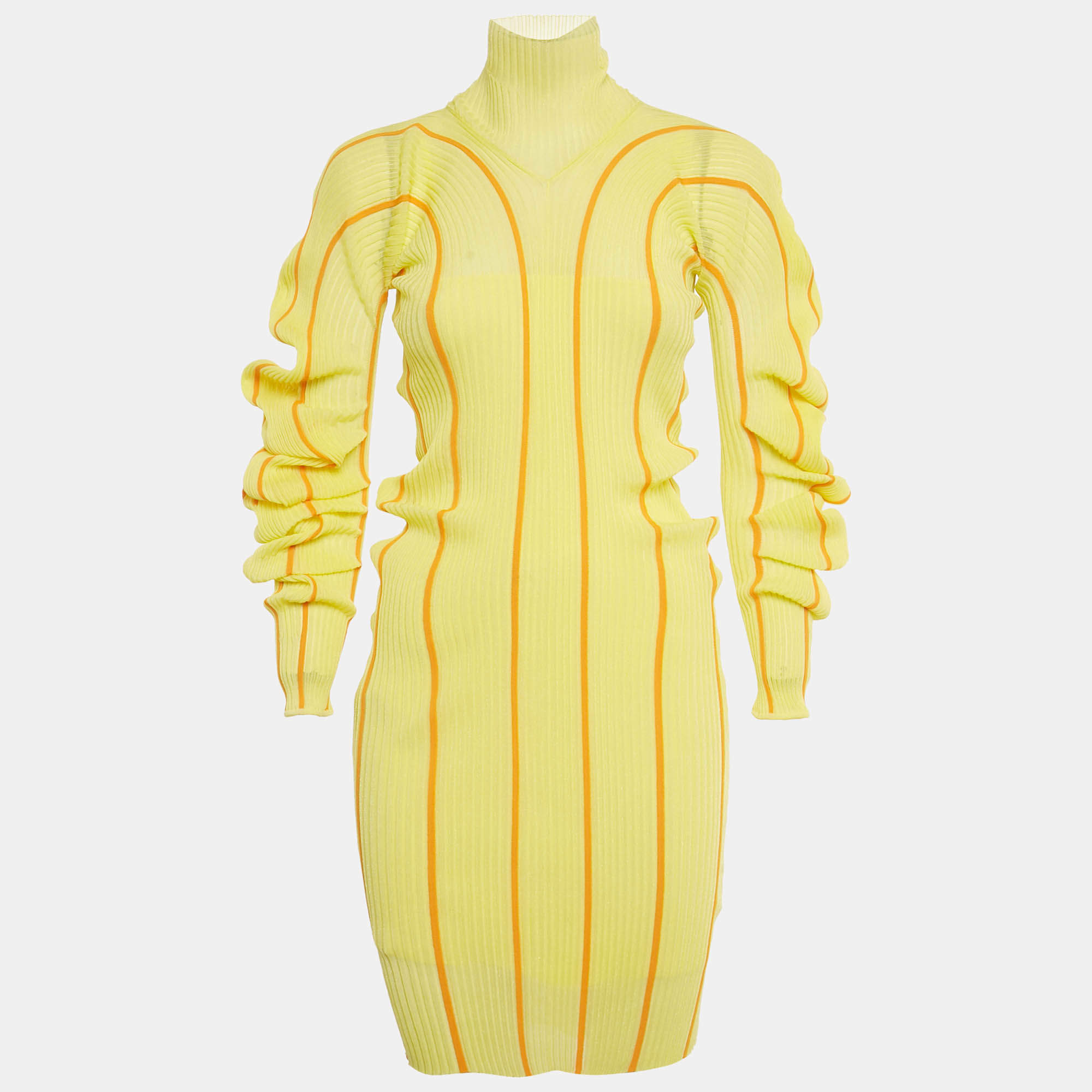 Pre Owned Bottega Veneta Yellow Spiral Stripe Knit Mini Dress S