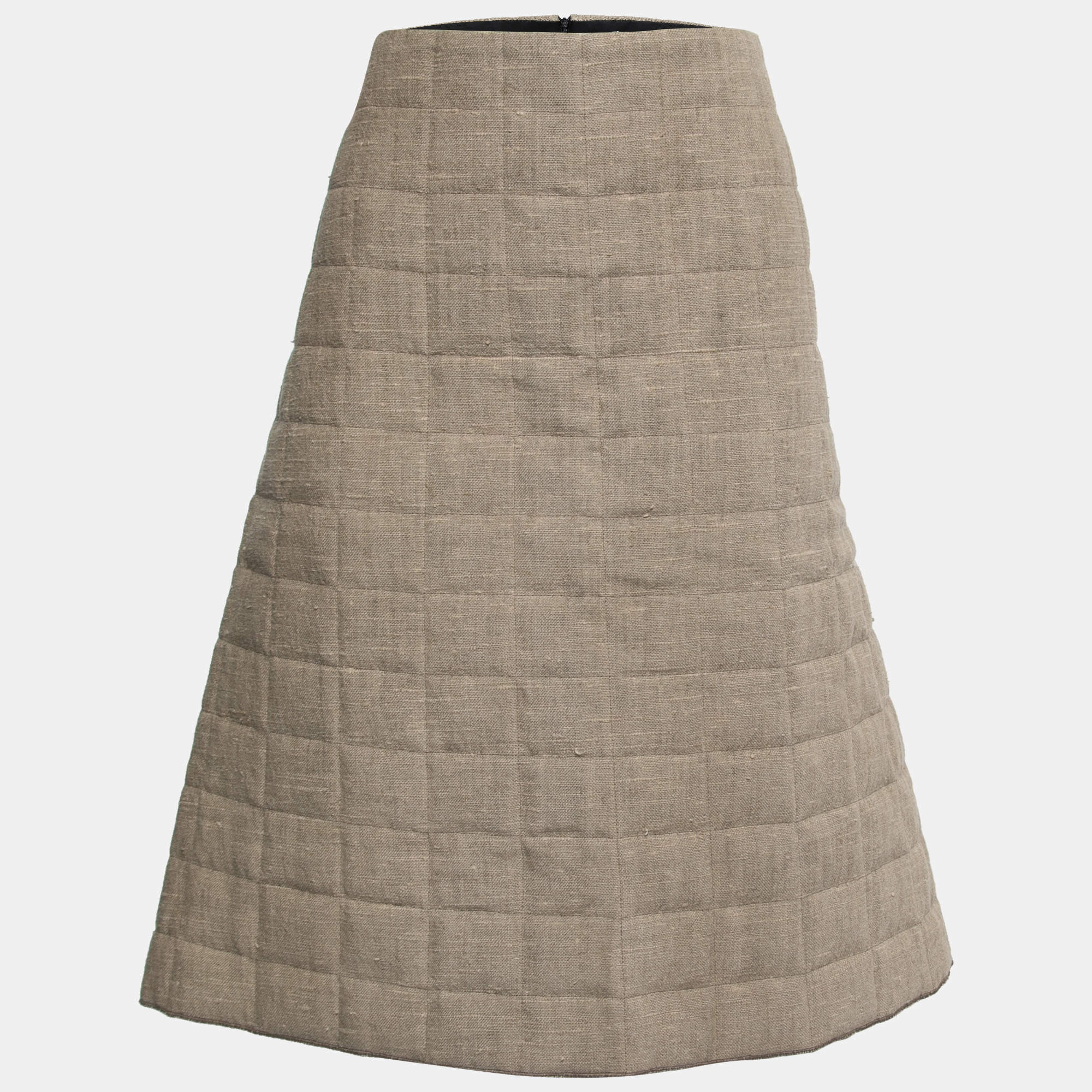 Pre Owned Bottega Veneta Khaki Brown Quilted Linen Midi Skirt M