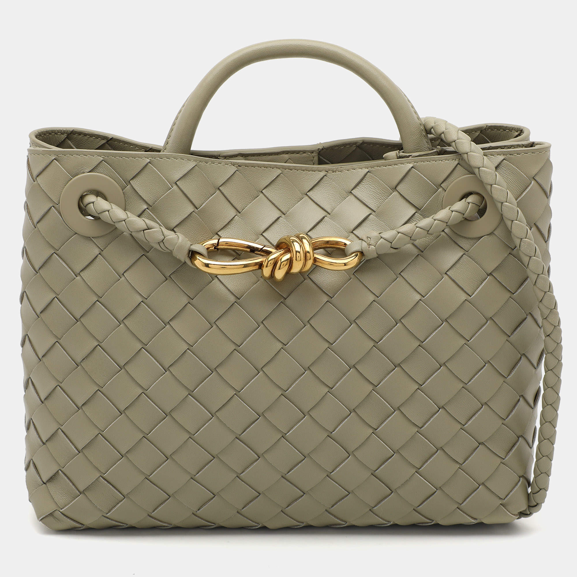 Pre Owned Bottega Veneta Olive Green Intrecciato Leather Small Andiamo Tote