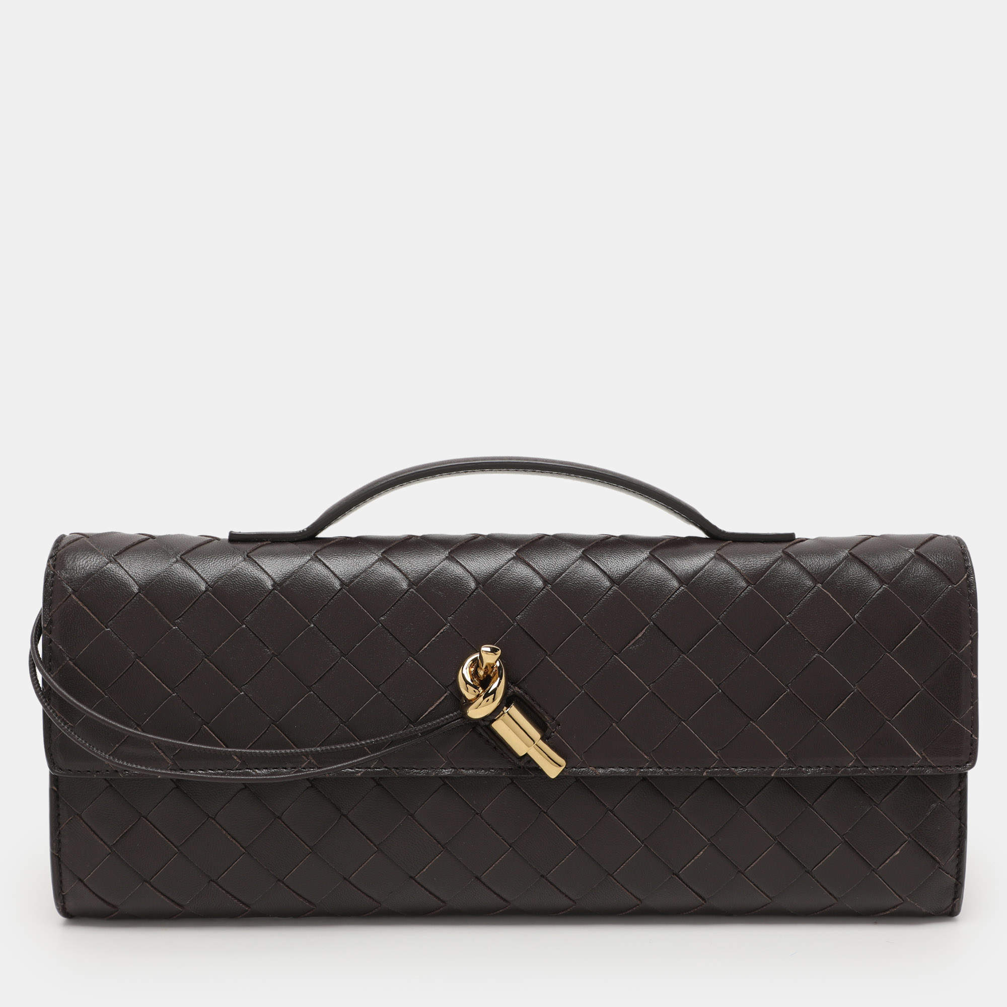 Pre Owned Bottega Veneta Brown Intrecciato Leather Medium Andiamo Clutch