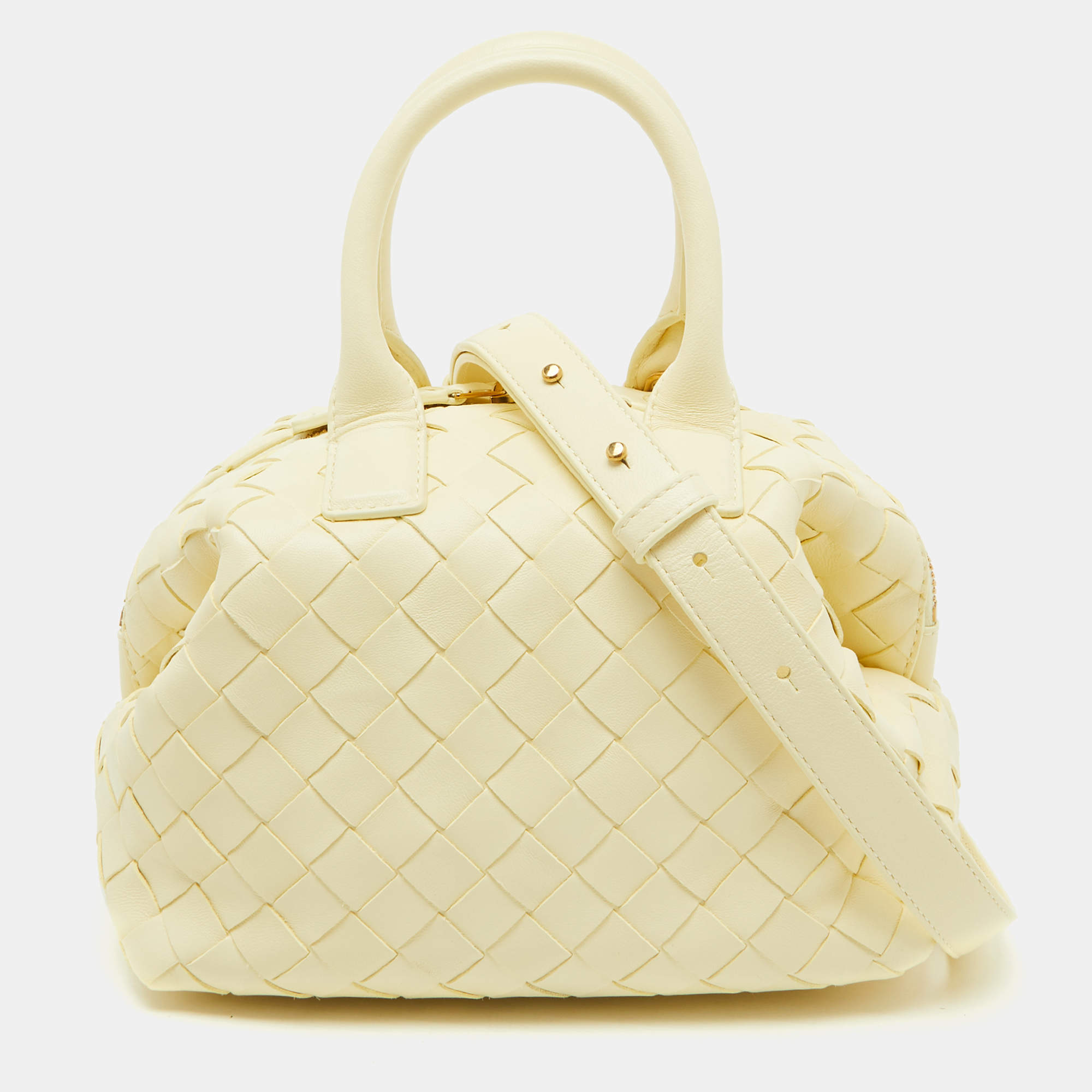 【BOTTEGA VENETA】ミニ バウレット ボウリングバッグ イエロー Bottega Veneta Light Yellow Intrecciato Leather Mini