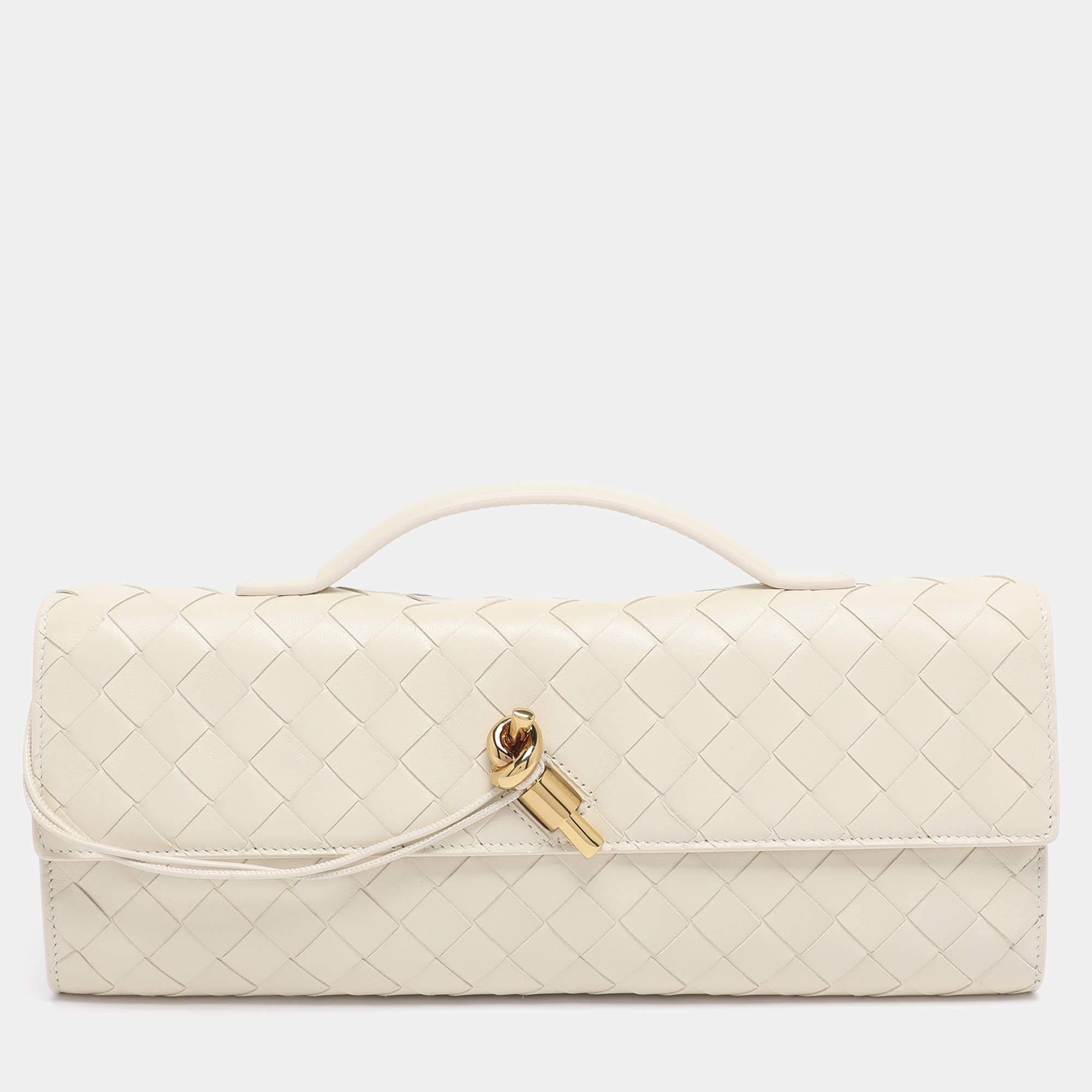 Pre Owned Bottega Veneta White Intrecciato Leather Andiamo Clutch