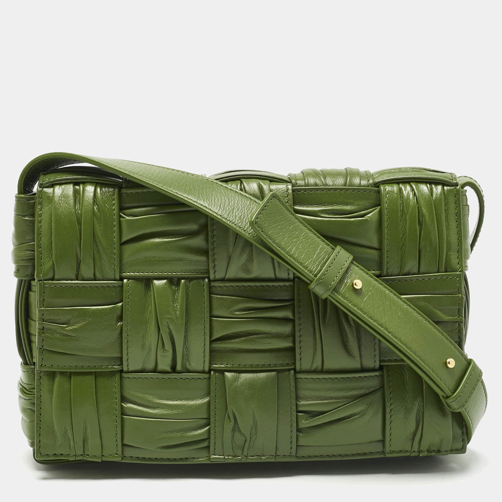 Pre Owned Bottega Veneta Green Plisse Intreccio Leather Cassette Shoulder Bag