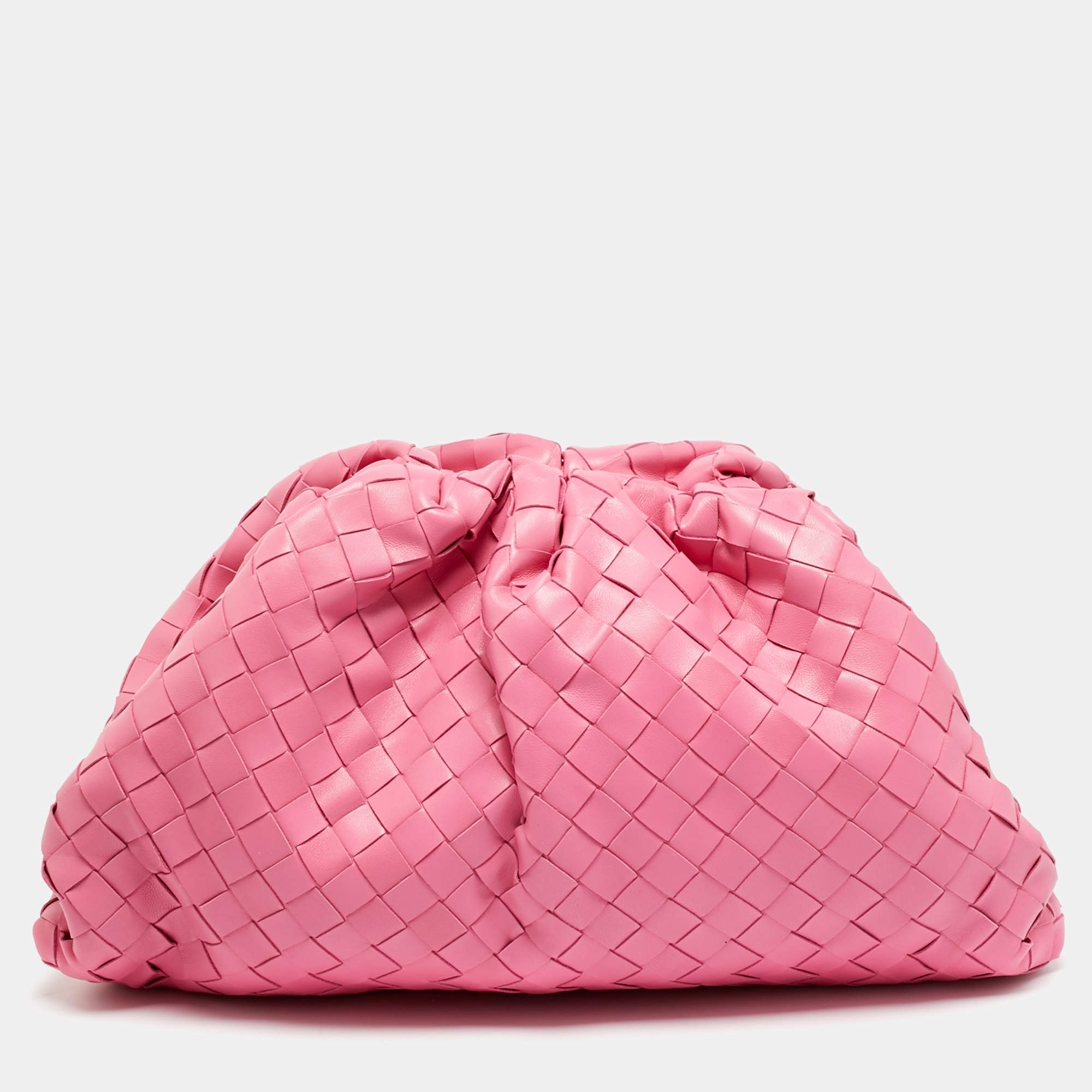 Pre Owned Bottega Veneta The Pouch Pink Intrecciato Leather Clutch