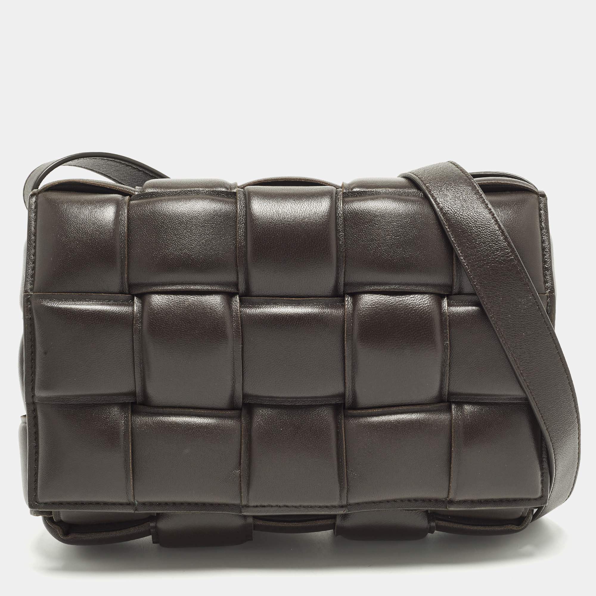 Pre Owned Bottega Veneta Cassette Brown Padded Intreccio Leather Shoulder Bag