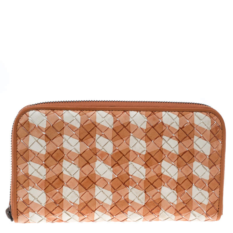 Pre Owned Bottega Veneta Orange/White Intrecciato Leather Zip Around Wallet 
