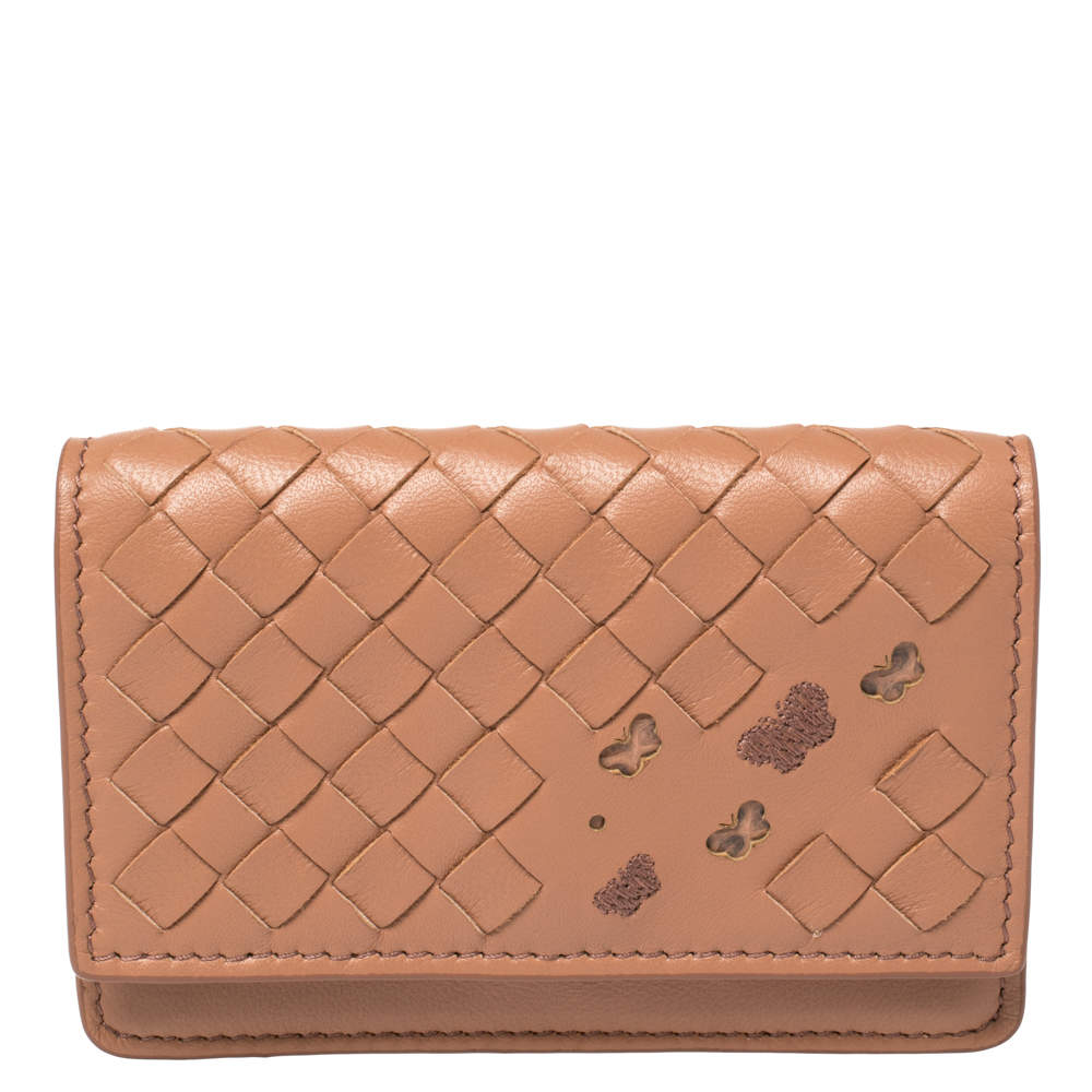 Pre Owned Bottega Veneta Peach Intrecciato Leather Flap Card Holder