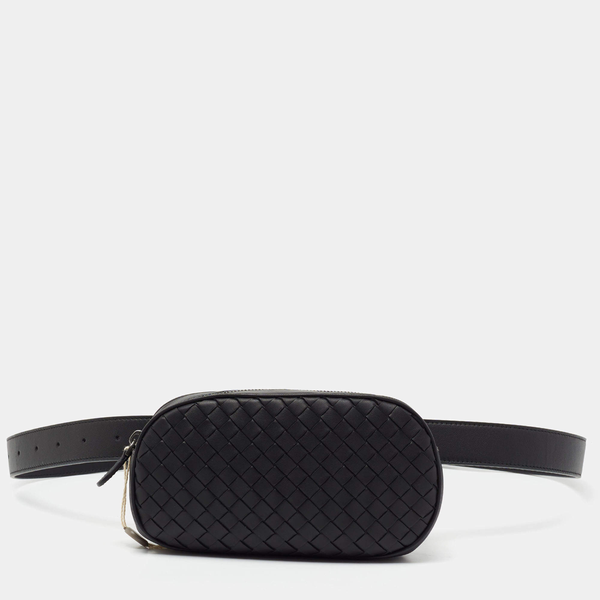Pre Owned Bottega Veneta Black Intrecciato Leather Belt Bag