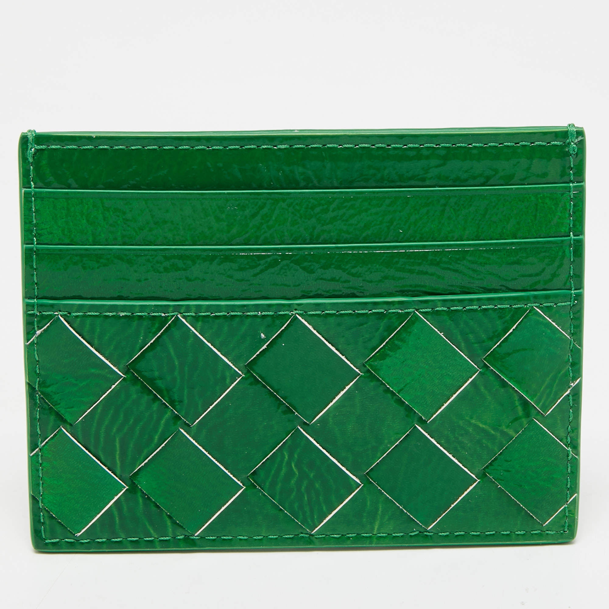 Pre Owned Bottega Veneta Metallic Green Leather Card Holder