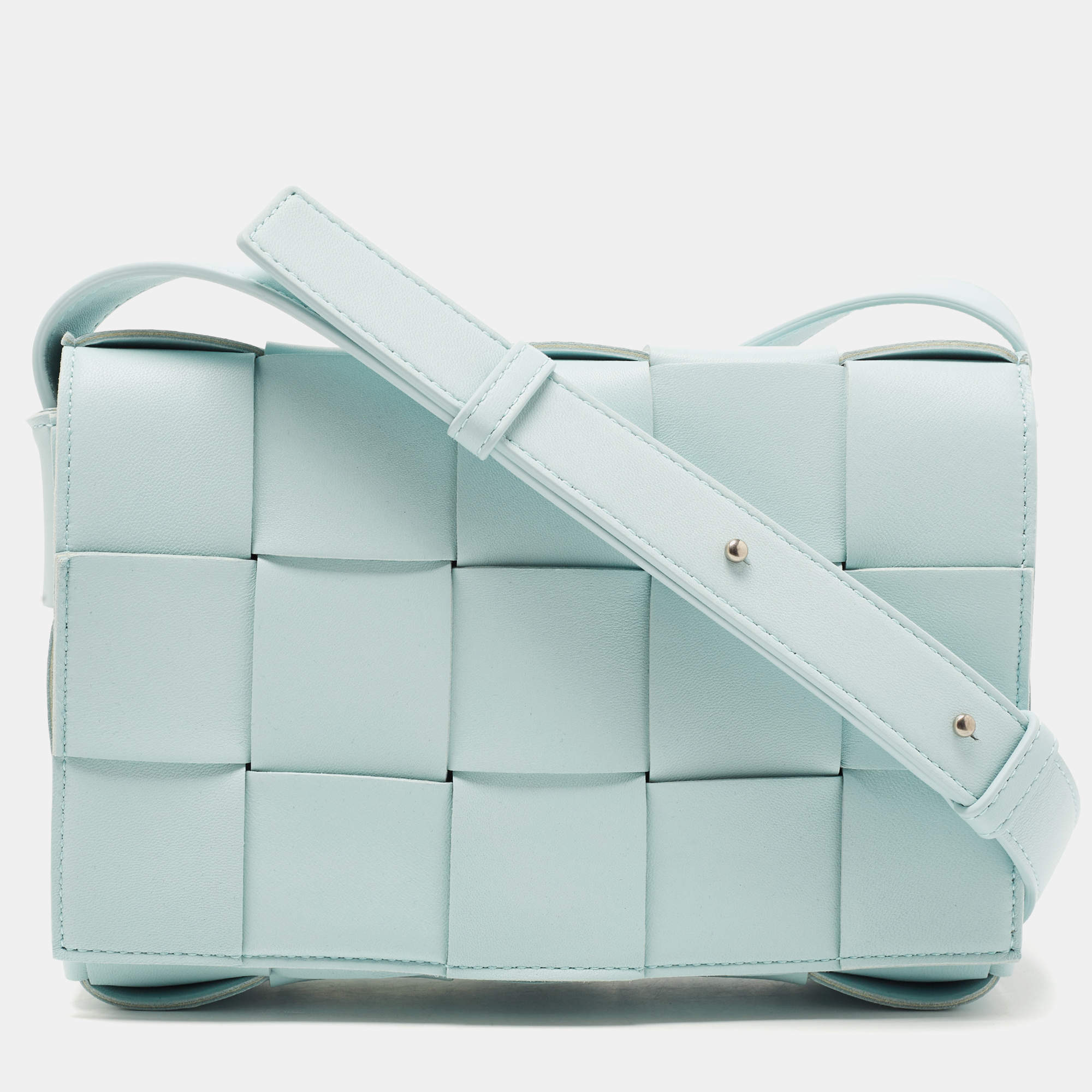 Pre Owned Bottega Veneta Light Blue Intrecciato Leather Cassette Shoulder Bag