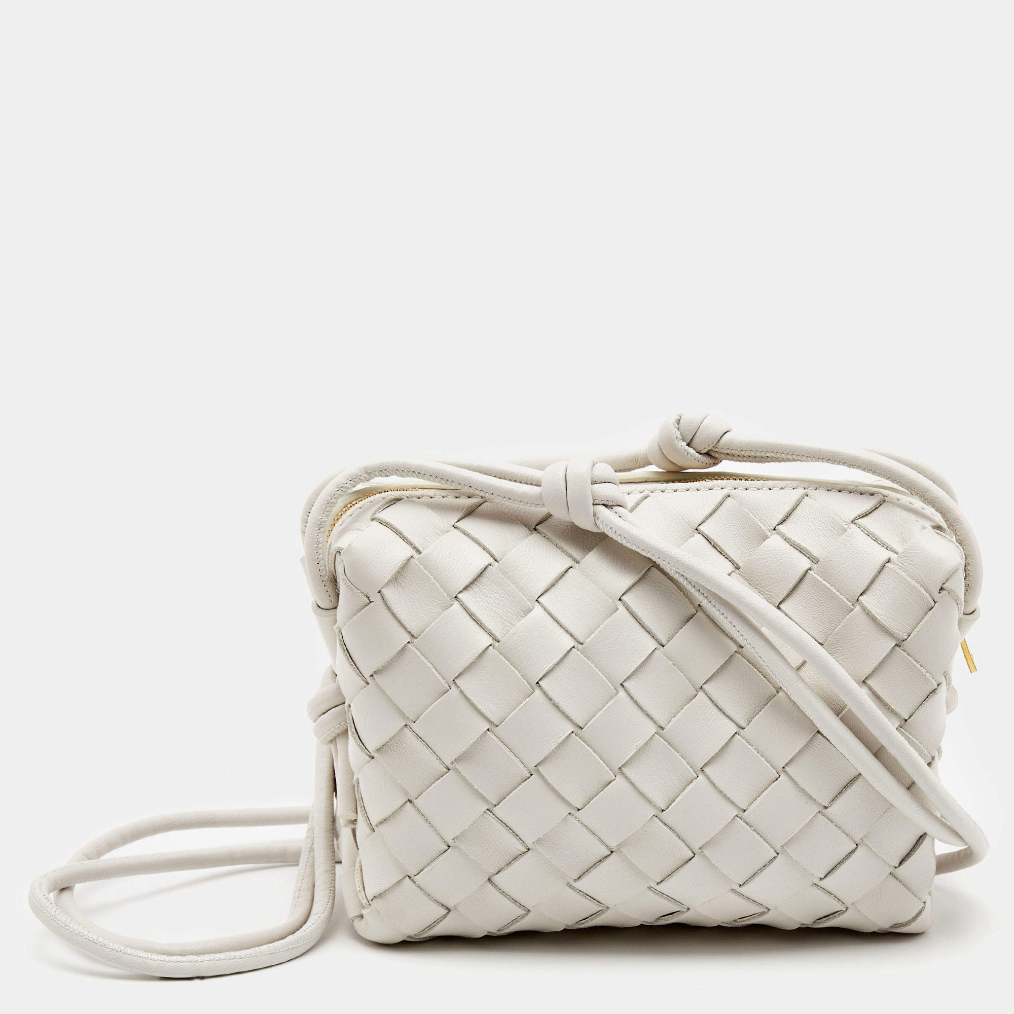 Pre Owned Bottega Veneta White Intrecciato Leather Mini Loop Camera Crossbody Bag