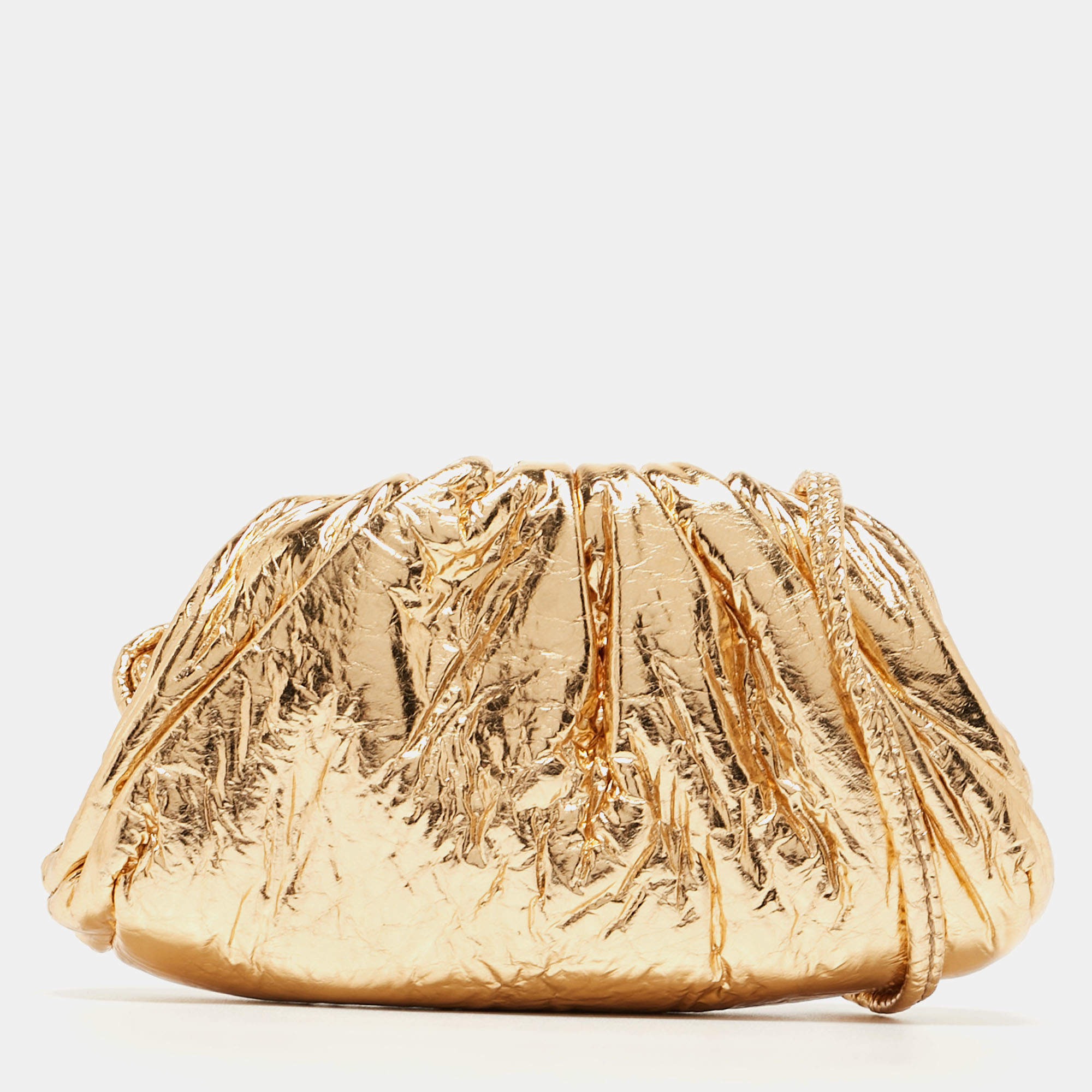 Pre Owned Bottega Veneta Gold Foil Leather Extra Mini Pouch Bag
