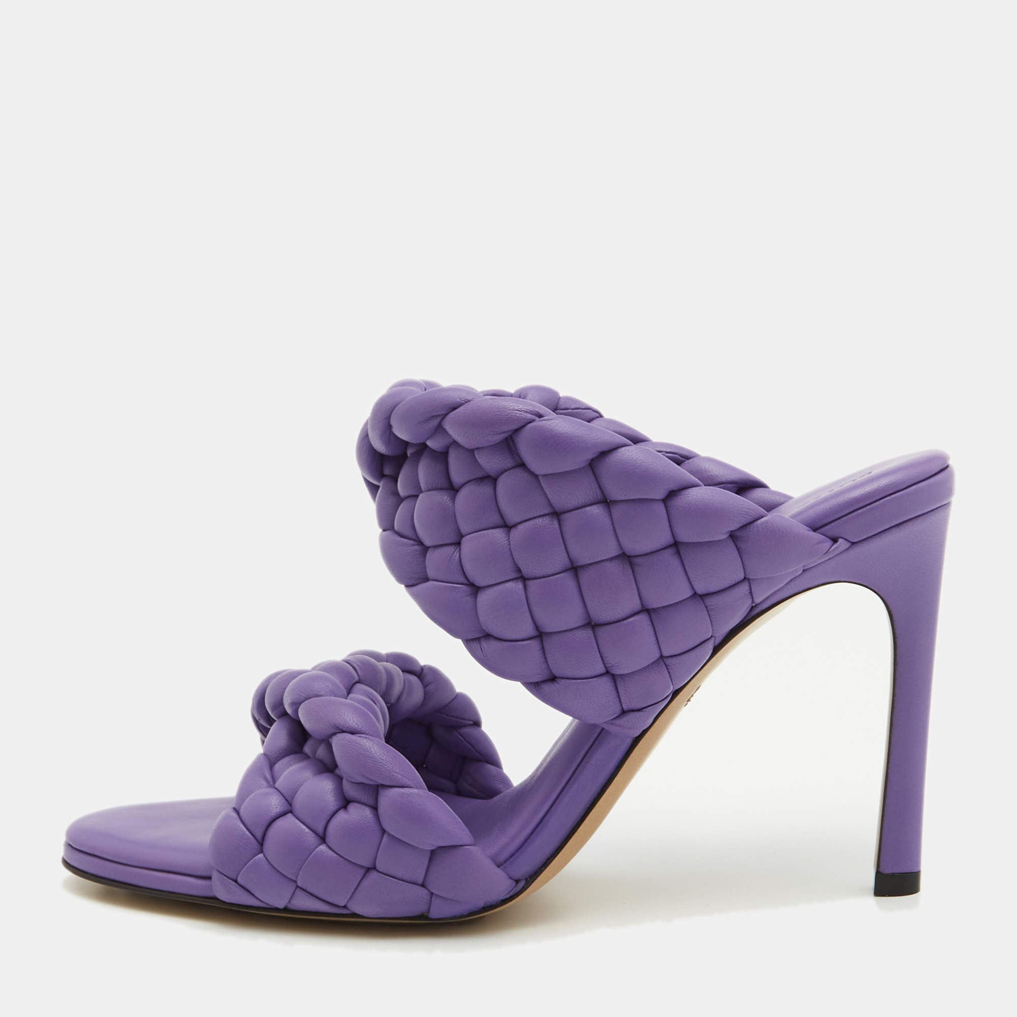مملوكة مسبقًا Bottega Veneta Purple Woven Leather Slide Sandals Size 38