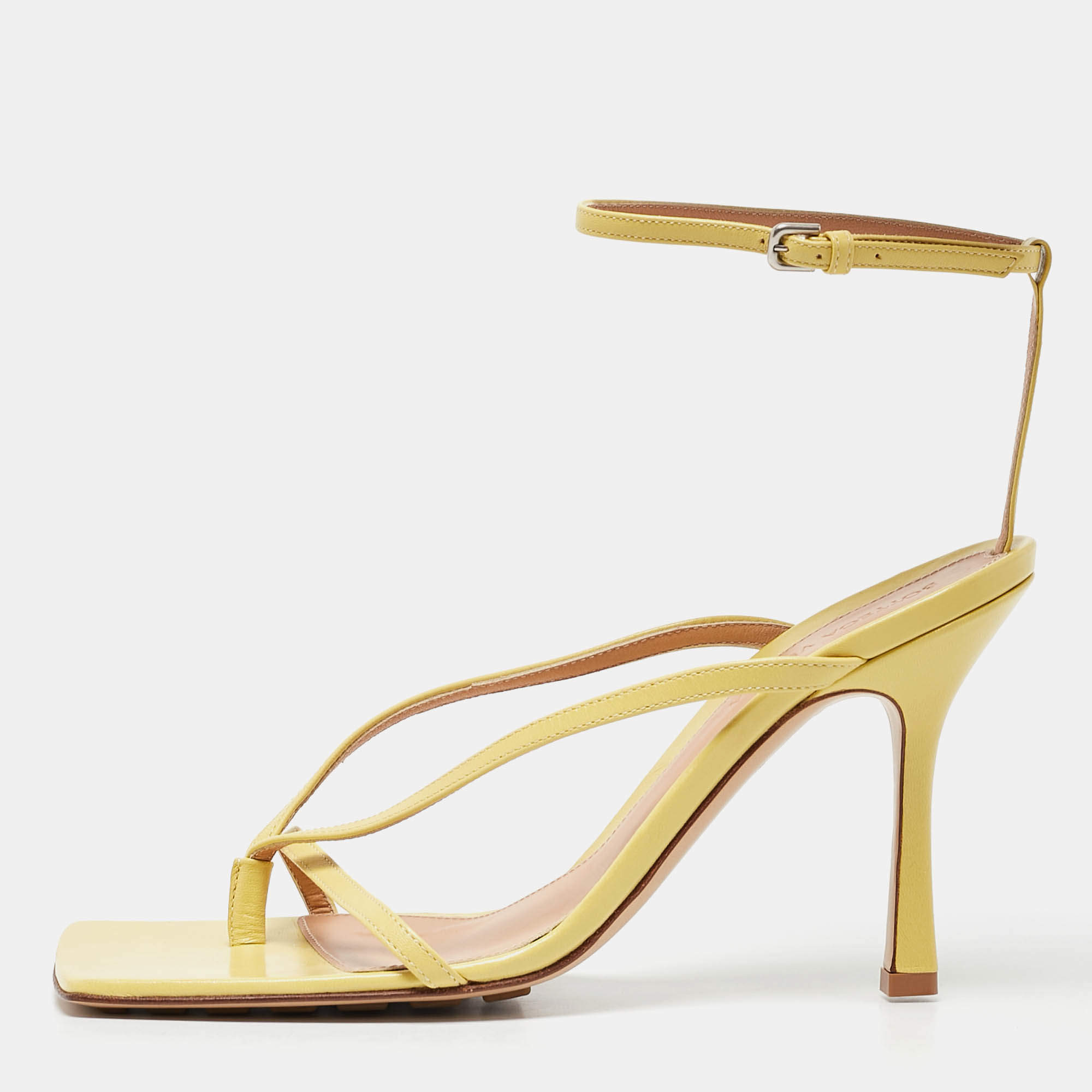 Pre Owned Bottega Veneta Green Leather Stretch Ankle Strap Sandals Size 40