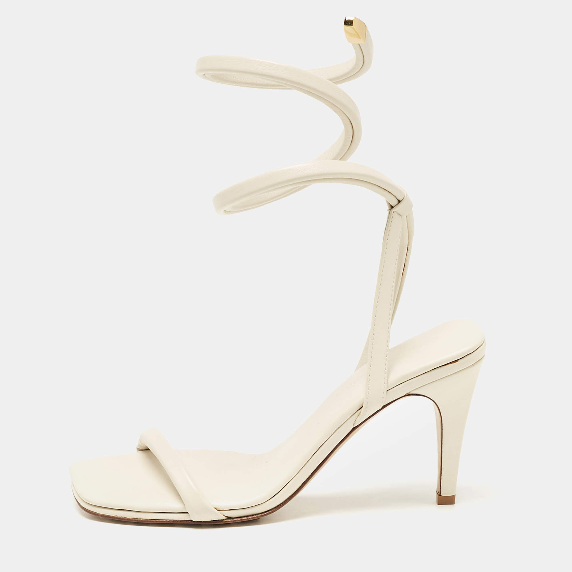 Bottega Veneta White Leather Spiral Ankle Wrap Sandals Size 39