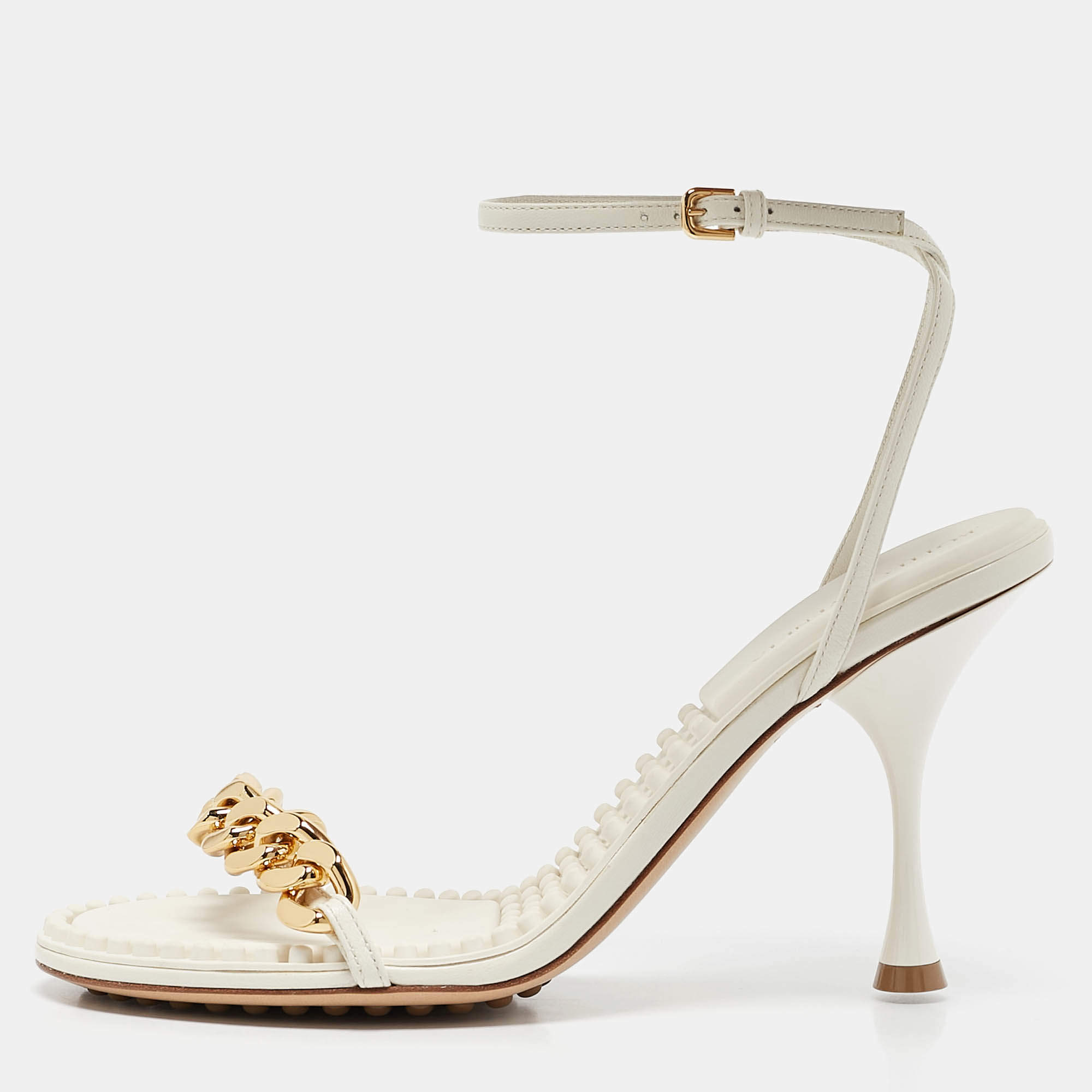 Bottega Veneta White Leather Dot Ankle Strap Sandals Size 38