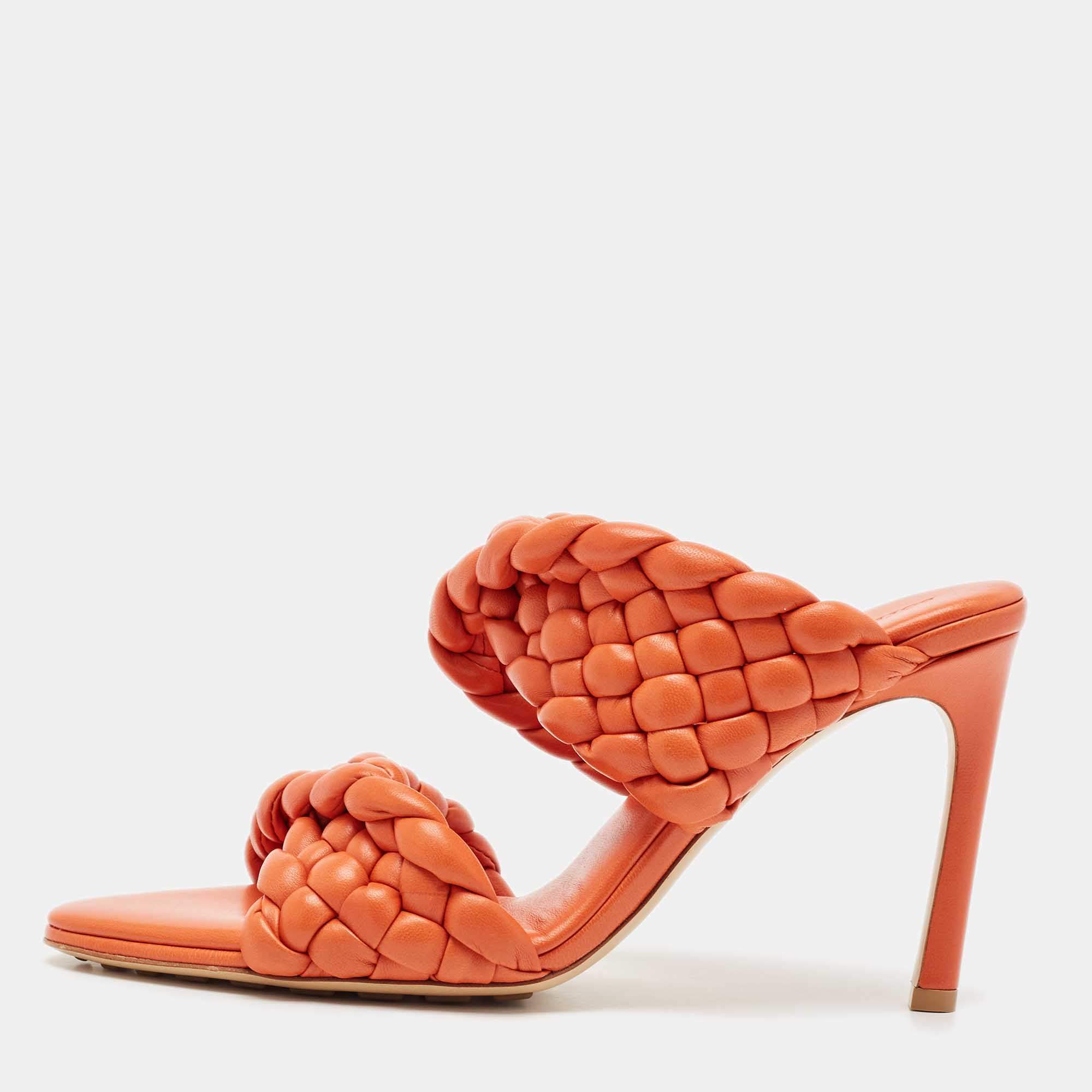 Bottega Veneta Orange Intrecciato Leather Curve Slide Sandals Size 39