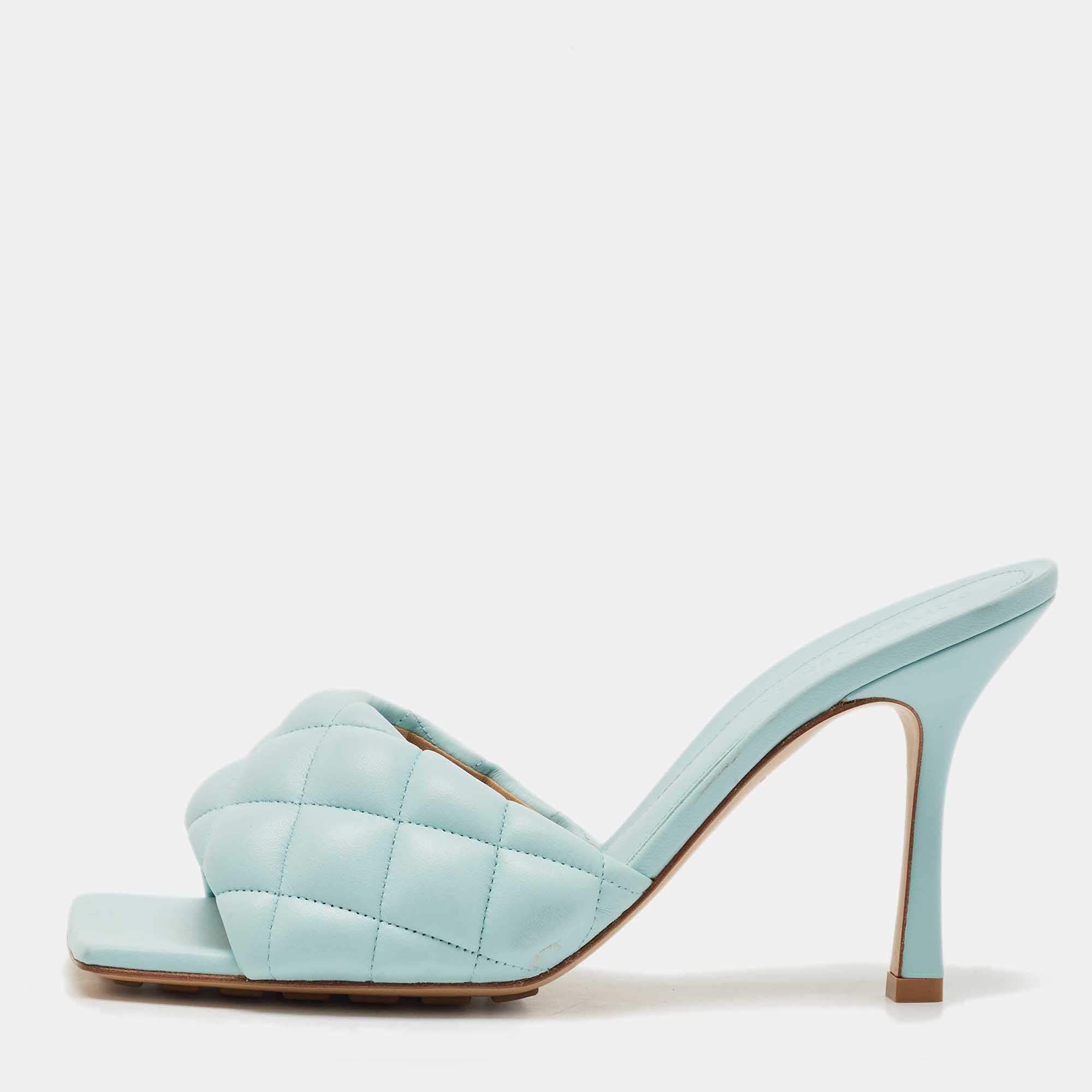 Bottega Veneta Light Blue Quilted Leather Lido Slide Sandals Size 40