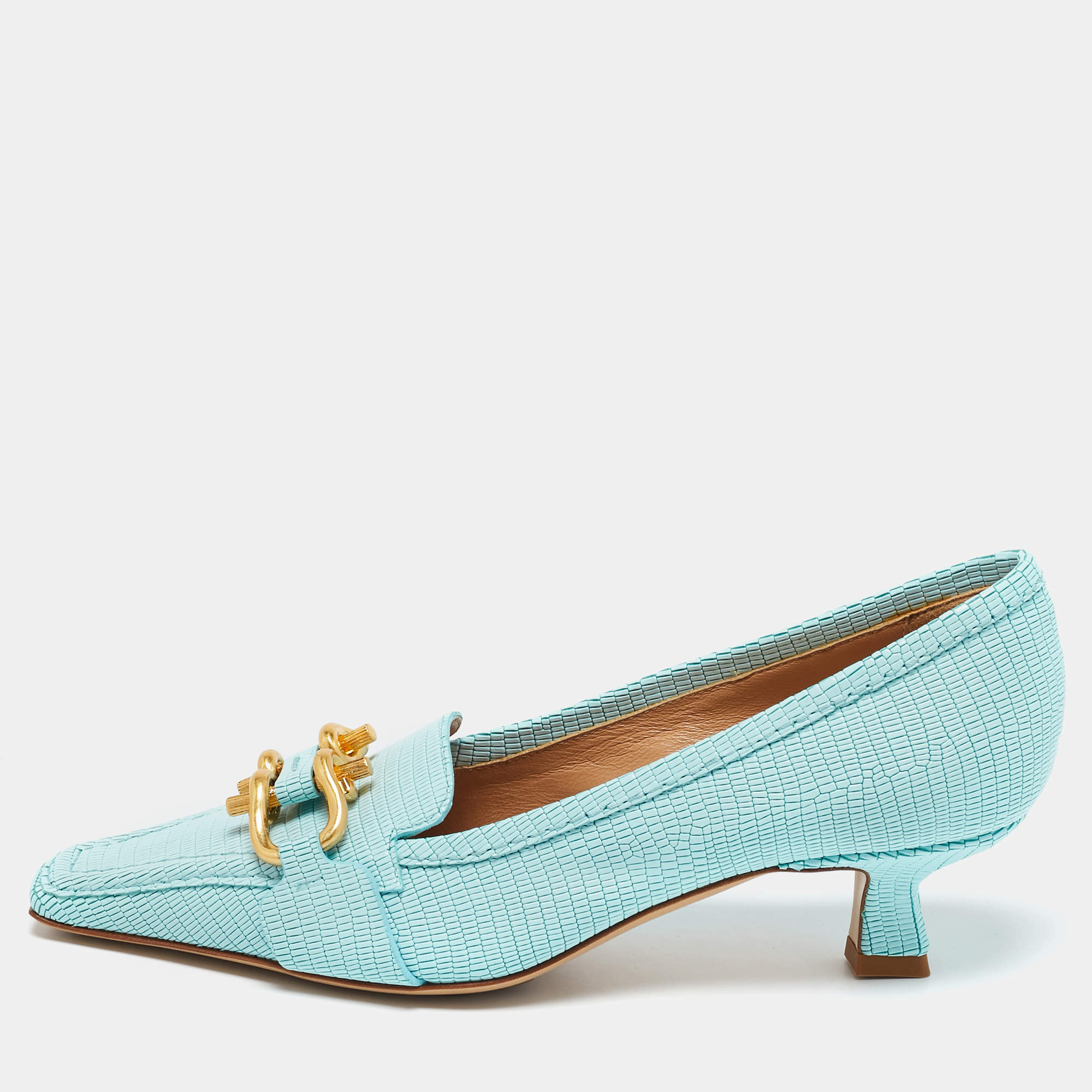 مملوكة مسبقًا Bottega Veneta Blue Embossed Leather BV Madame Pumps Size 36