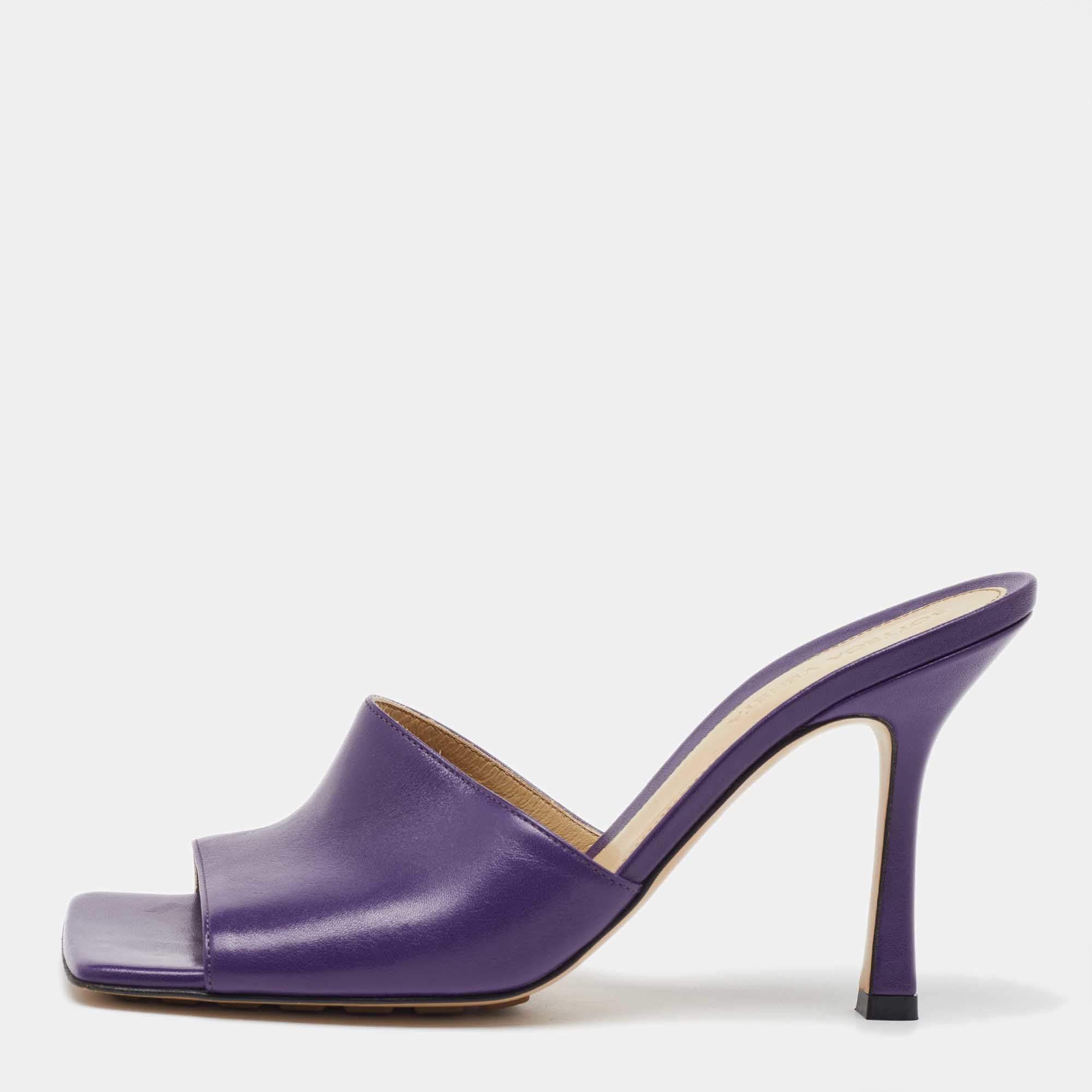 Bottega Veneta Purple Leather Stretch Square Toe Slide Sandals Size 38