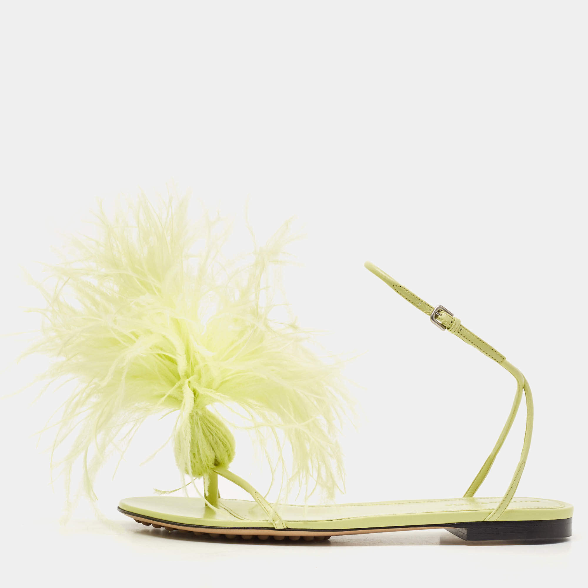 Bottega Veneta Green Feather and Leather Flat Slides Size 38