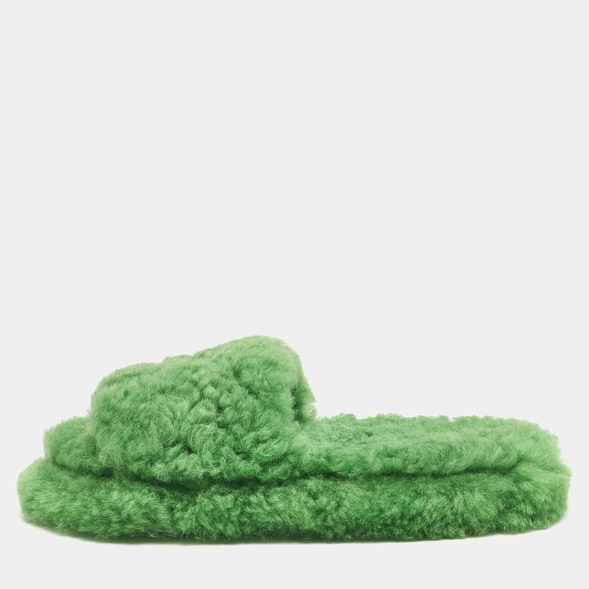 Bottega Veneta Green Shearling Fur Flat Sandals Size 40
