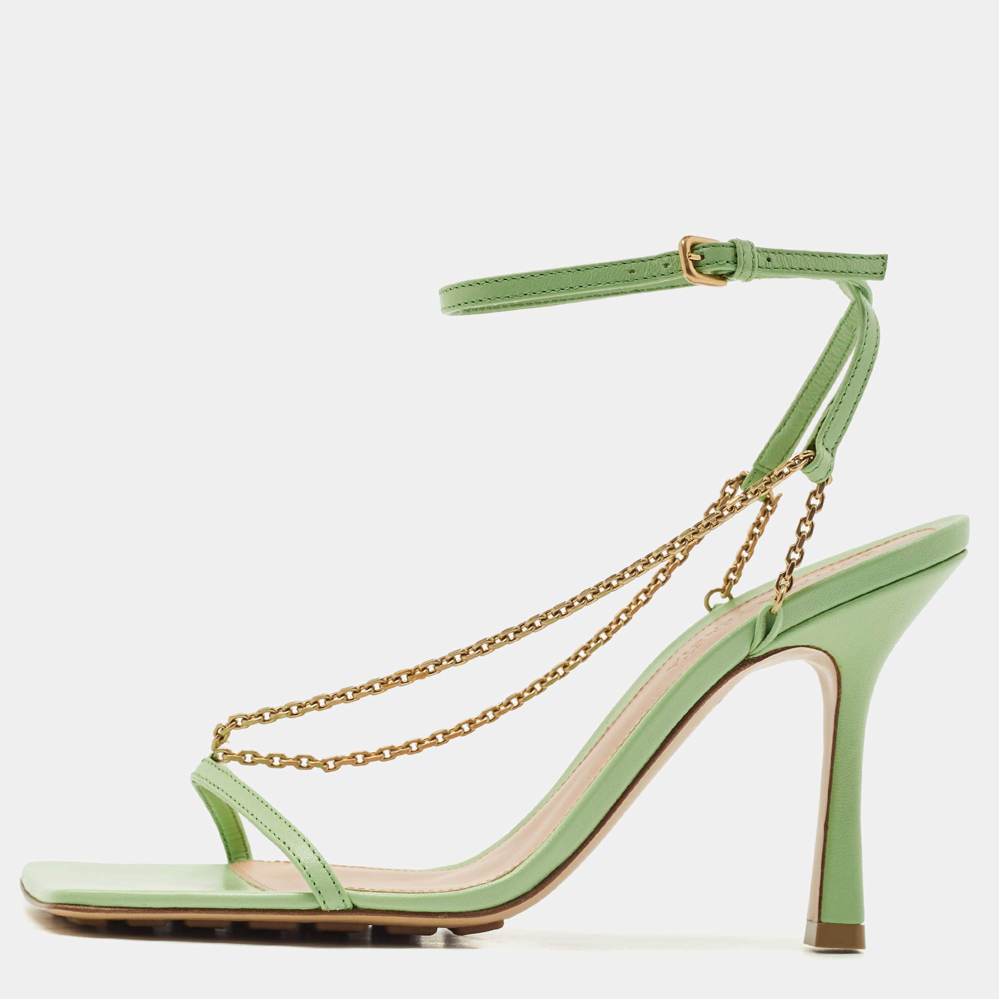 مملوكة مسبقًا Bottega Veneta Green Leather Chain Stretch Sandals Size 37