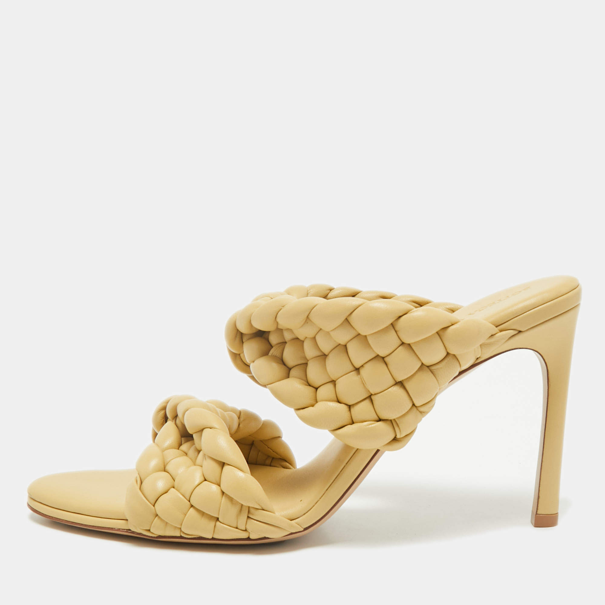 مملوكة مسبقًا Bottega Veneta Beige Intrecciato Leather Twisted Padded BV Curve Slide Sandals Size 41