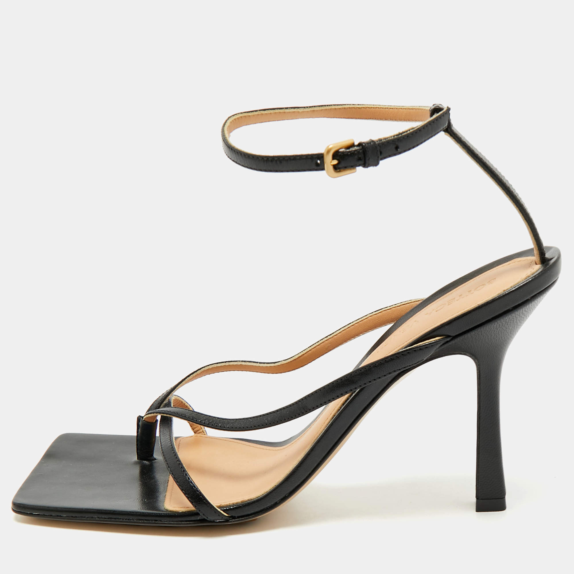 Pre Owned Bottega Veneta Black Leather Ankle Strap Sandals Size 38.5