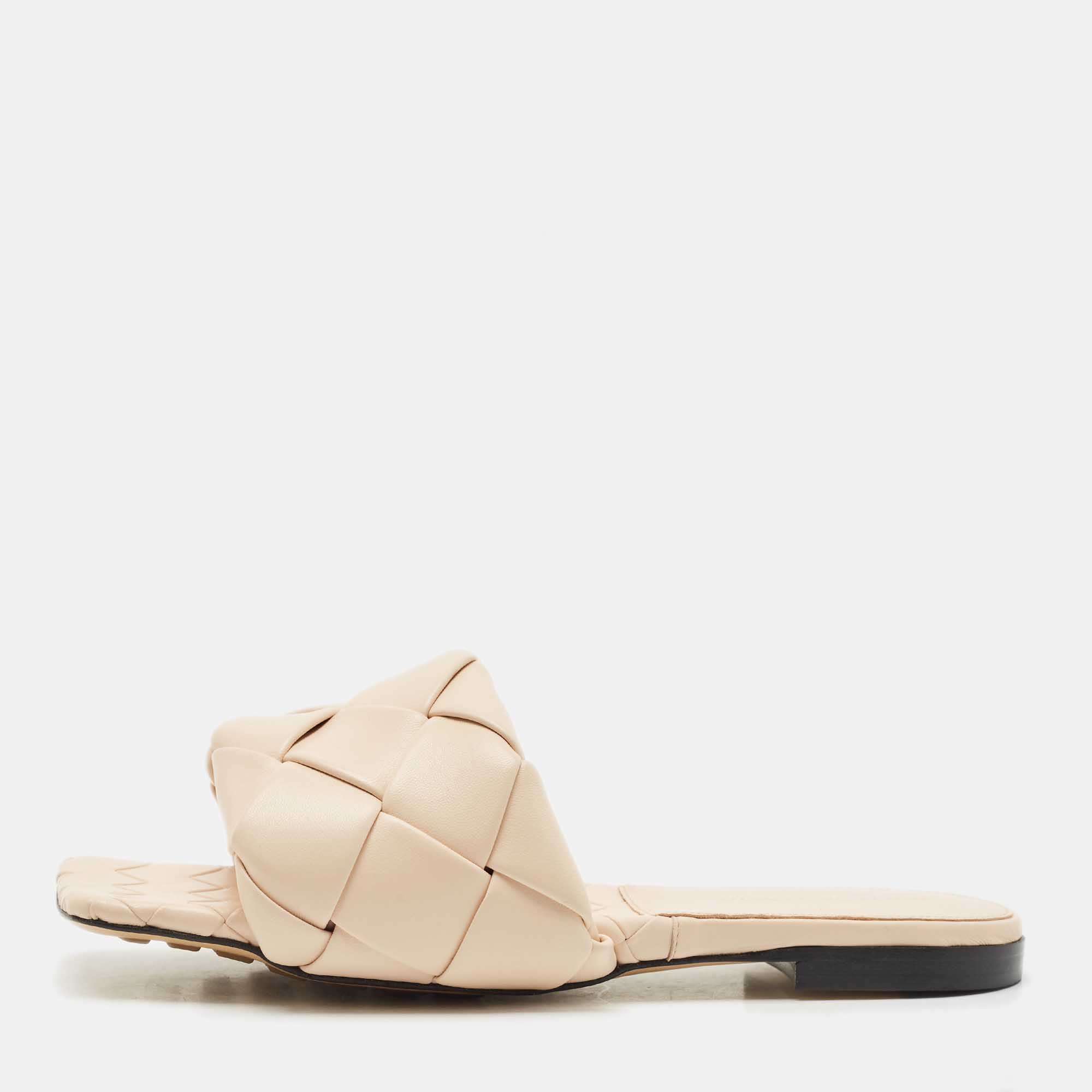 Pre Owned Bottega Veneta Beige Intrecciato Leather Lido Flat Slides Size 38