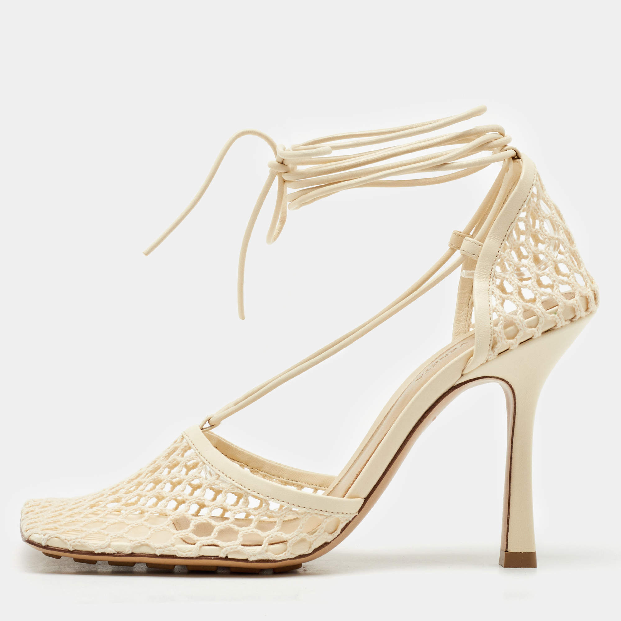 Pre Owned Bottega Veneta Cream Leather and Mesh Stretch Ankle Wrap Sandals Size 38