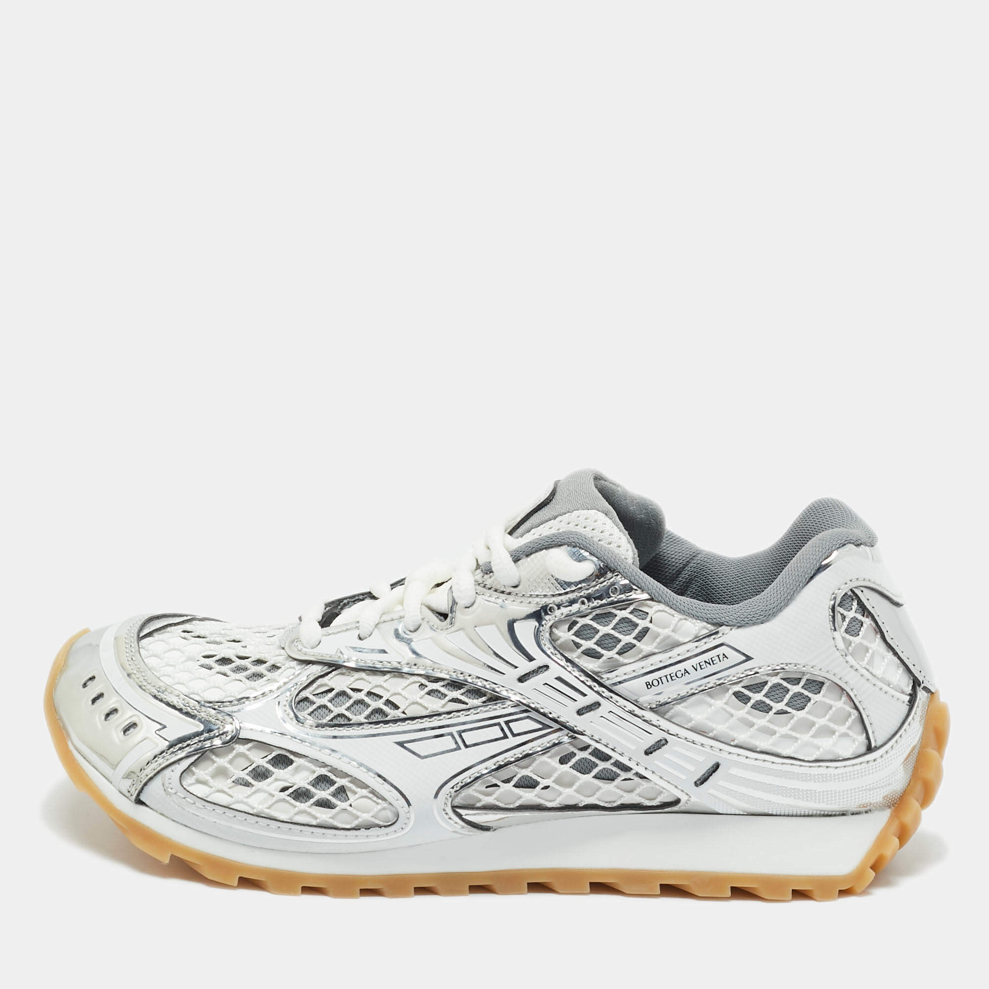 Pre Owned Bottega Veneta Silver/Grey Mesh and Leather Orbit Sneakers Size 39
