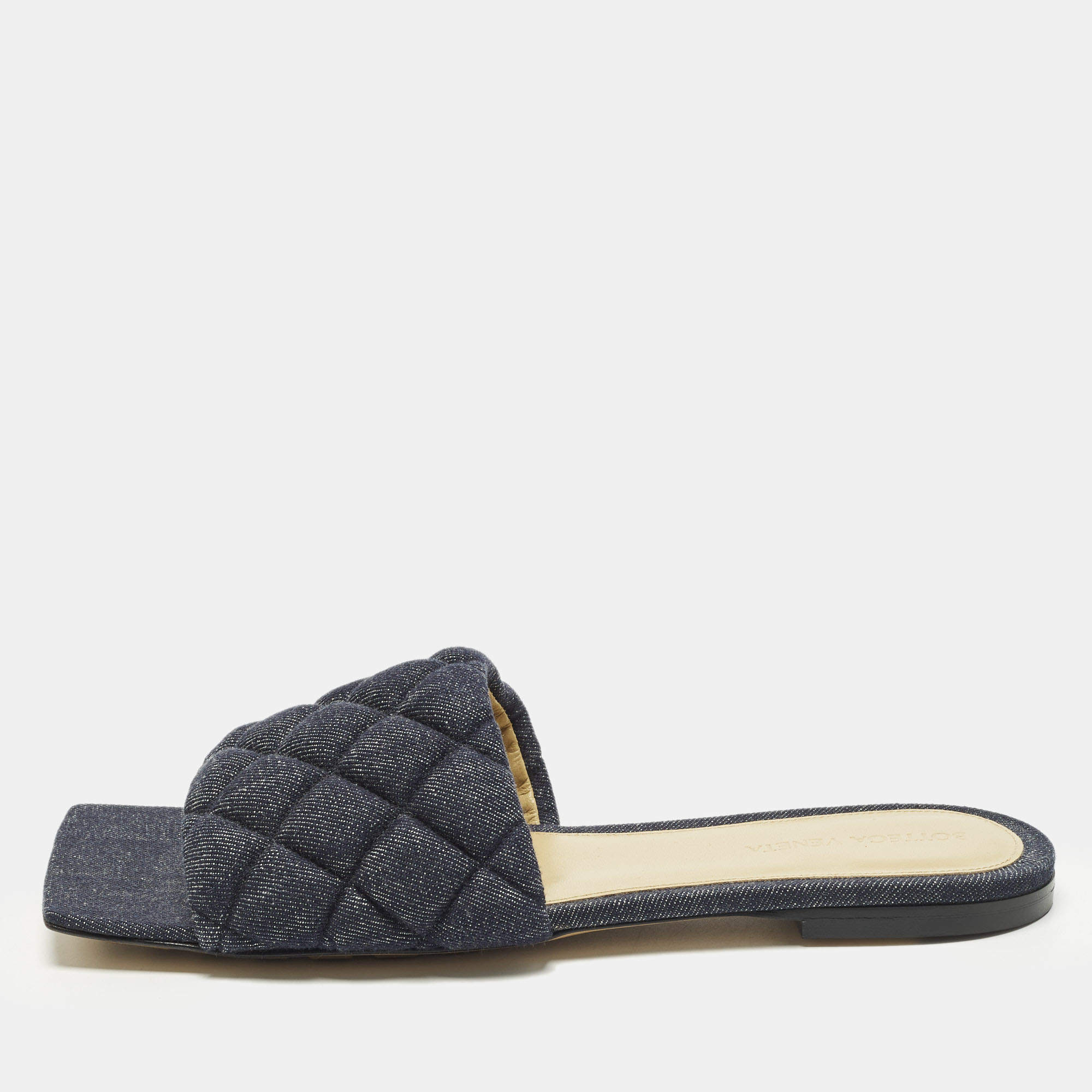 Pre Owned Bottega Veneta Lido Size 39 Blue Denim Flat Slides 