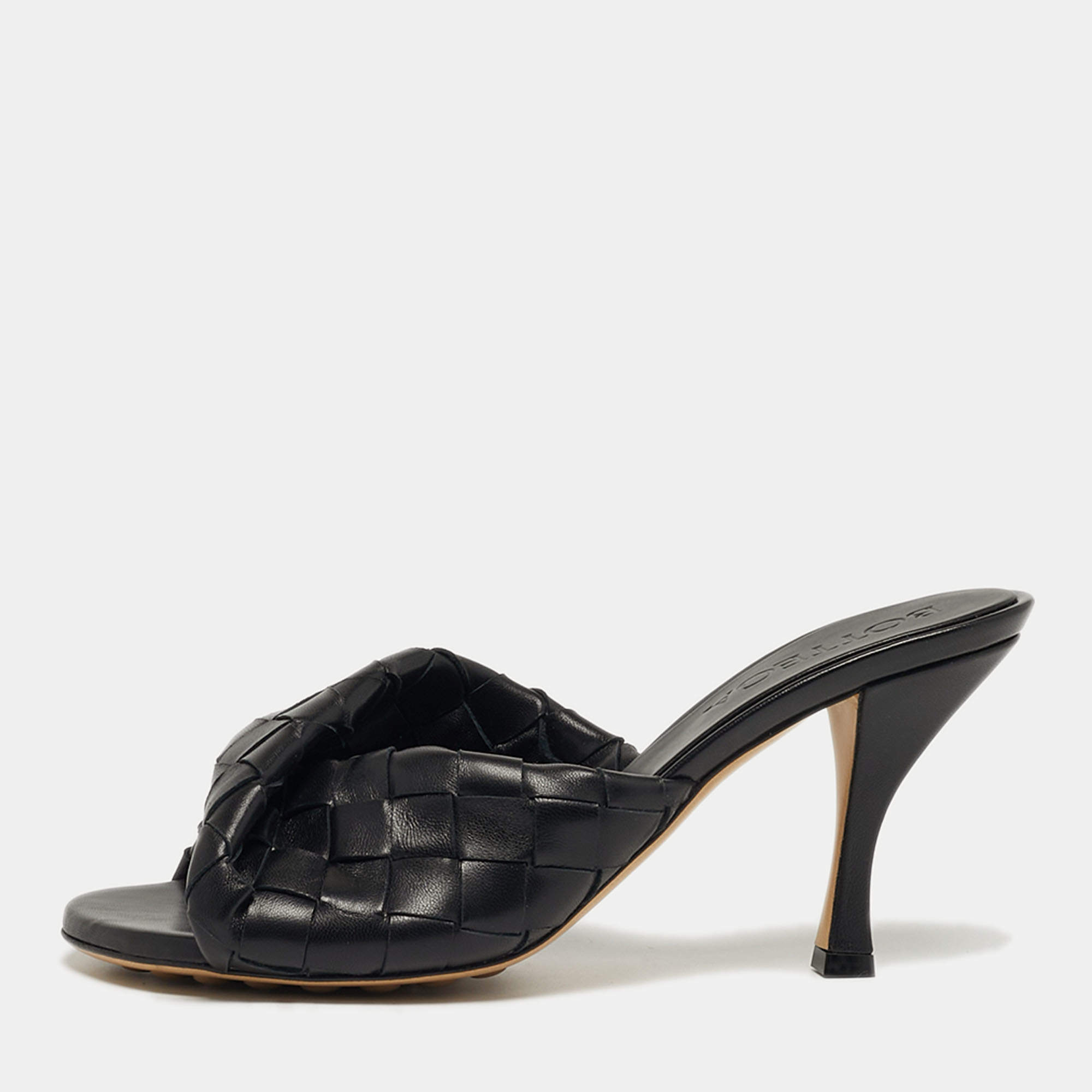 Pre Owned Bottega Veneta Blink Size 39 Black Intrecciato Leather Slide Sandals