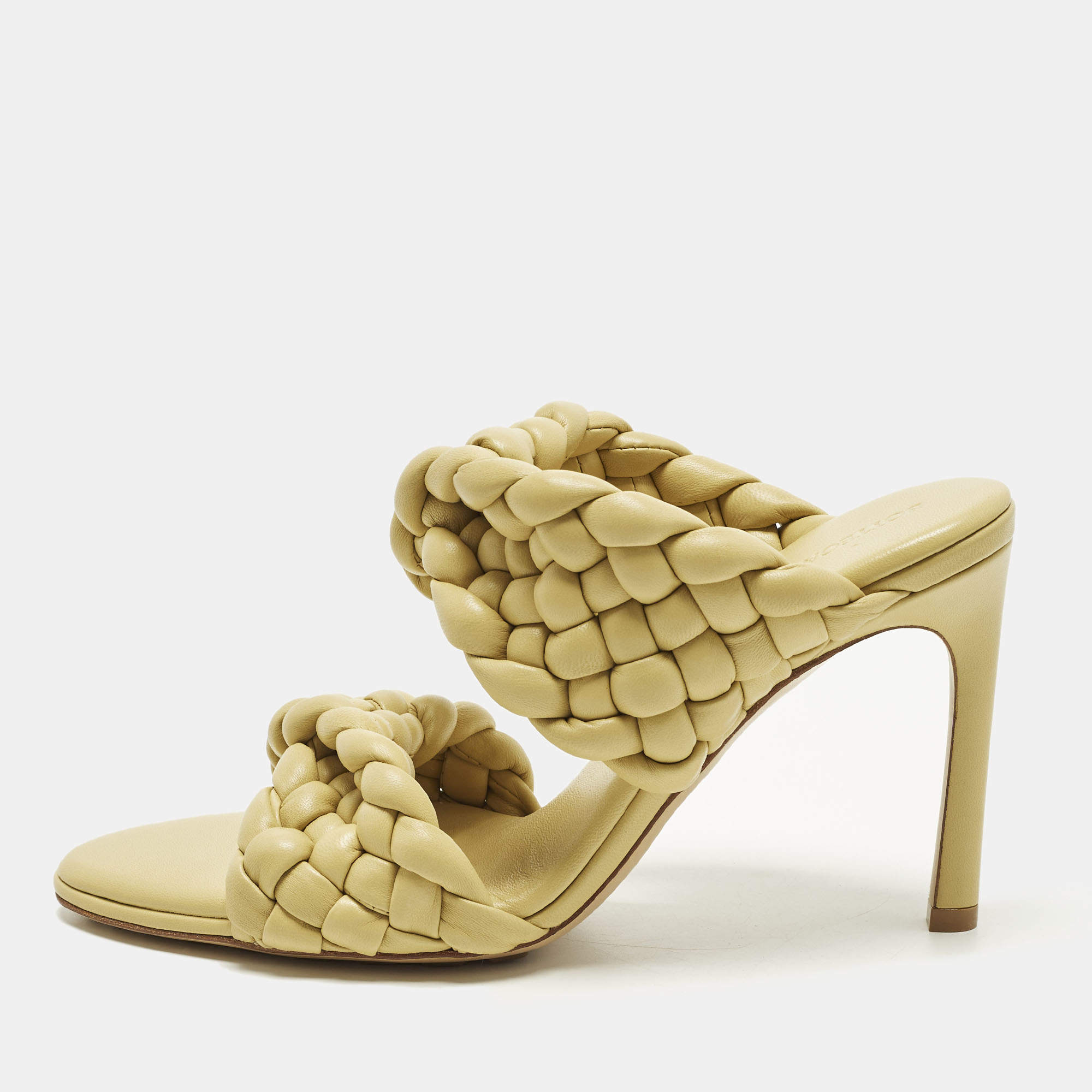 Pre Owned Bottega Veneta Curve Size 37 Olive Green Woven Leather Slide Sandals