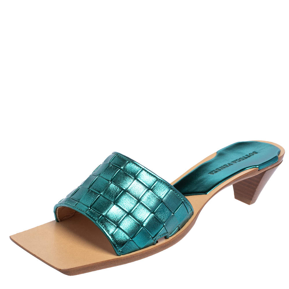 Bottega Veneta Metallic Blue Intrecciato Leather Stretch Square Toe Slide Sandals Size 41