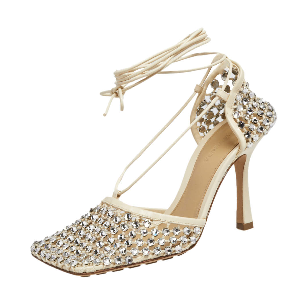 Pre Owned Bottega Veneta Ivory Leather And Cotton Mesh Sparkle Stretch Ankle Wrap Sandals Size 38