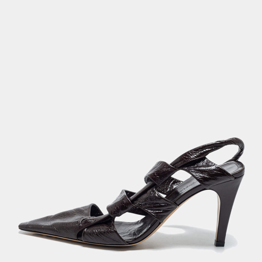 Pre Owned Bottega Veneta Dark Brown Leather BV Slingback Pumps Size 37.5