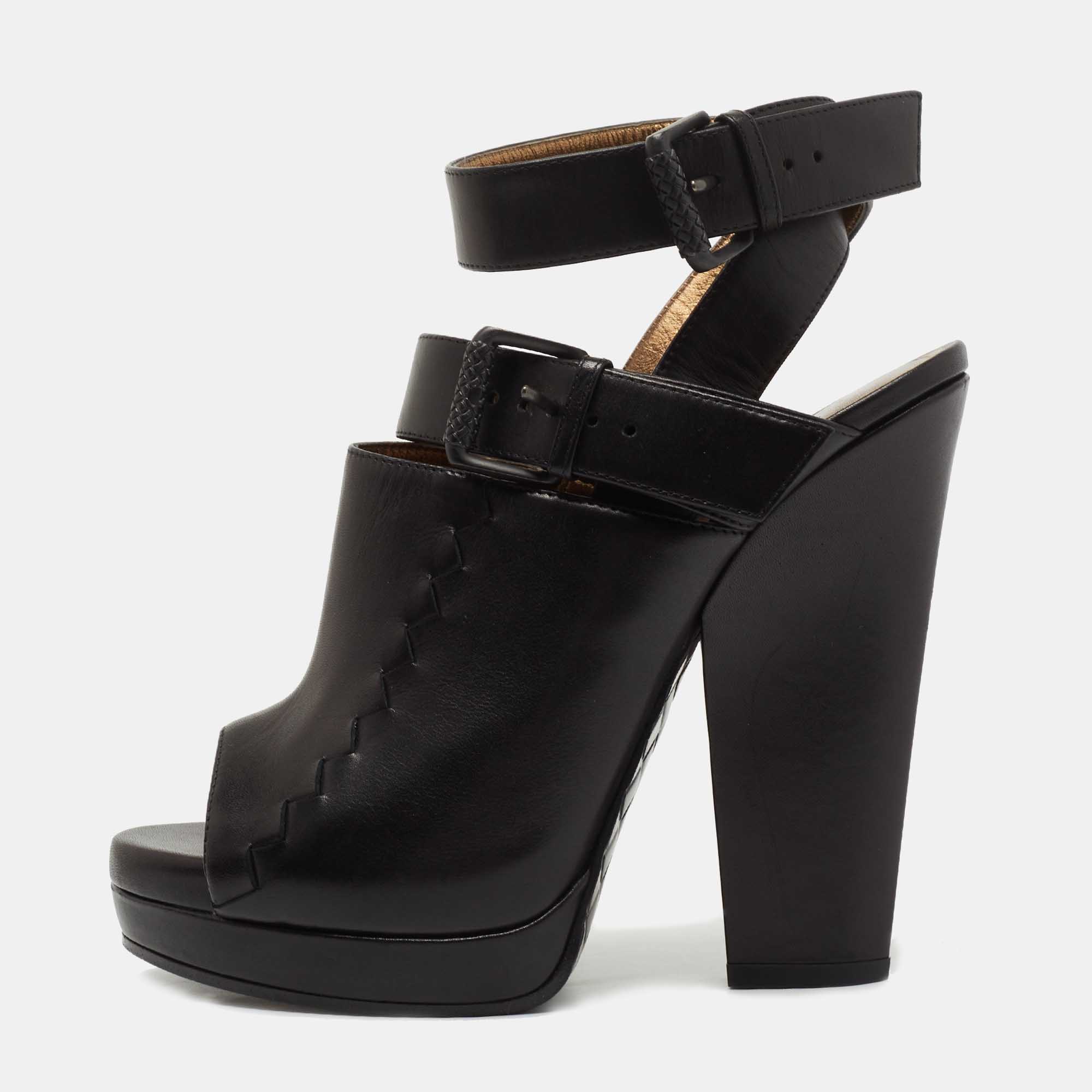 Pre Owned Bottega Veneta Black Leather Peep Toe Platform Ankle Strap Sandals Size 38