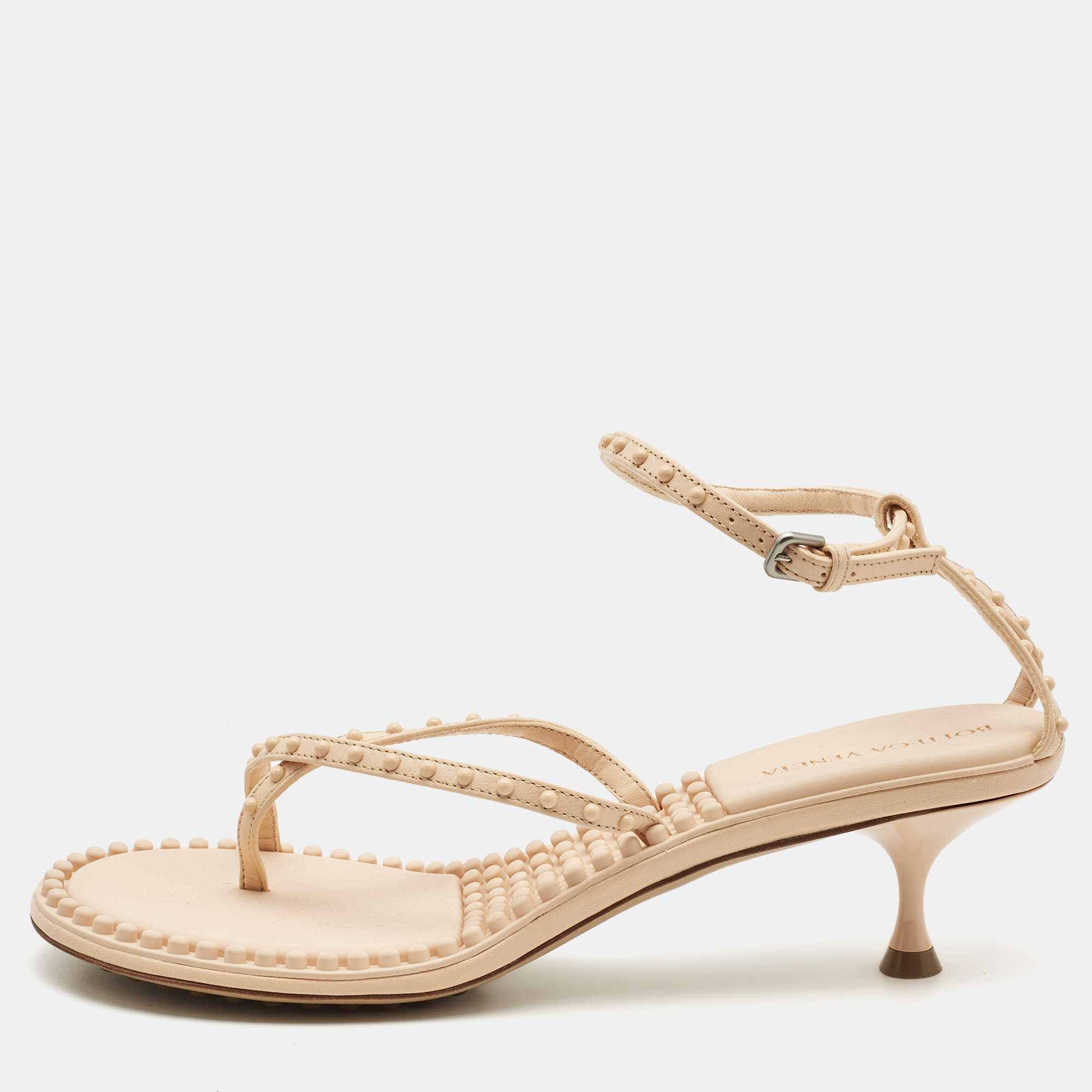 Pre Owned Bottega Veneta Beige Leather Lagoon Bubble Ankle Strap Sandals Size 38