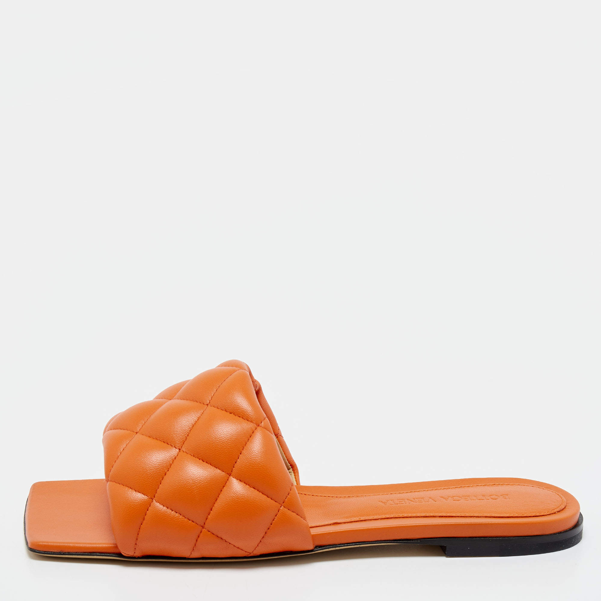 Pre Owned Bottega Veneta Orange Padded Leather Flat Slides Size 36