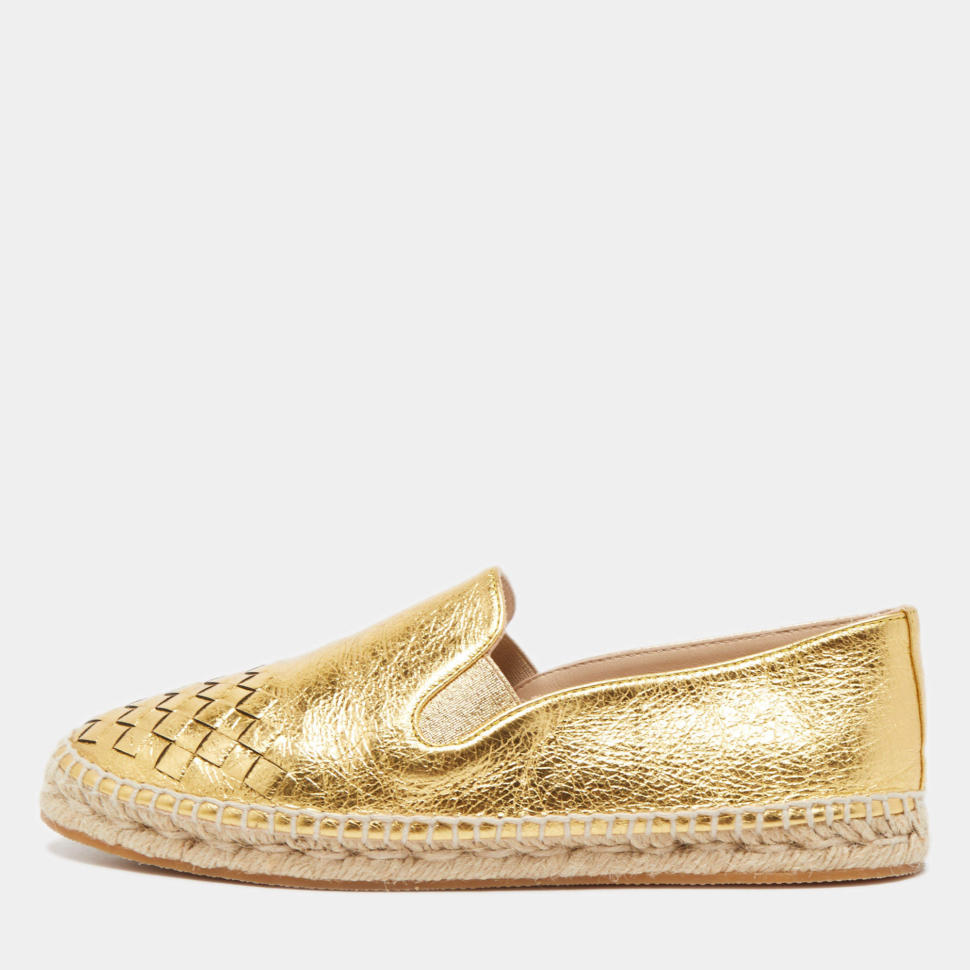 Pre Owned Bottega Veneta Gold Intrecciato Foil Leather Espadrille Flats Size 38