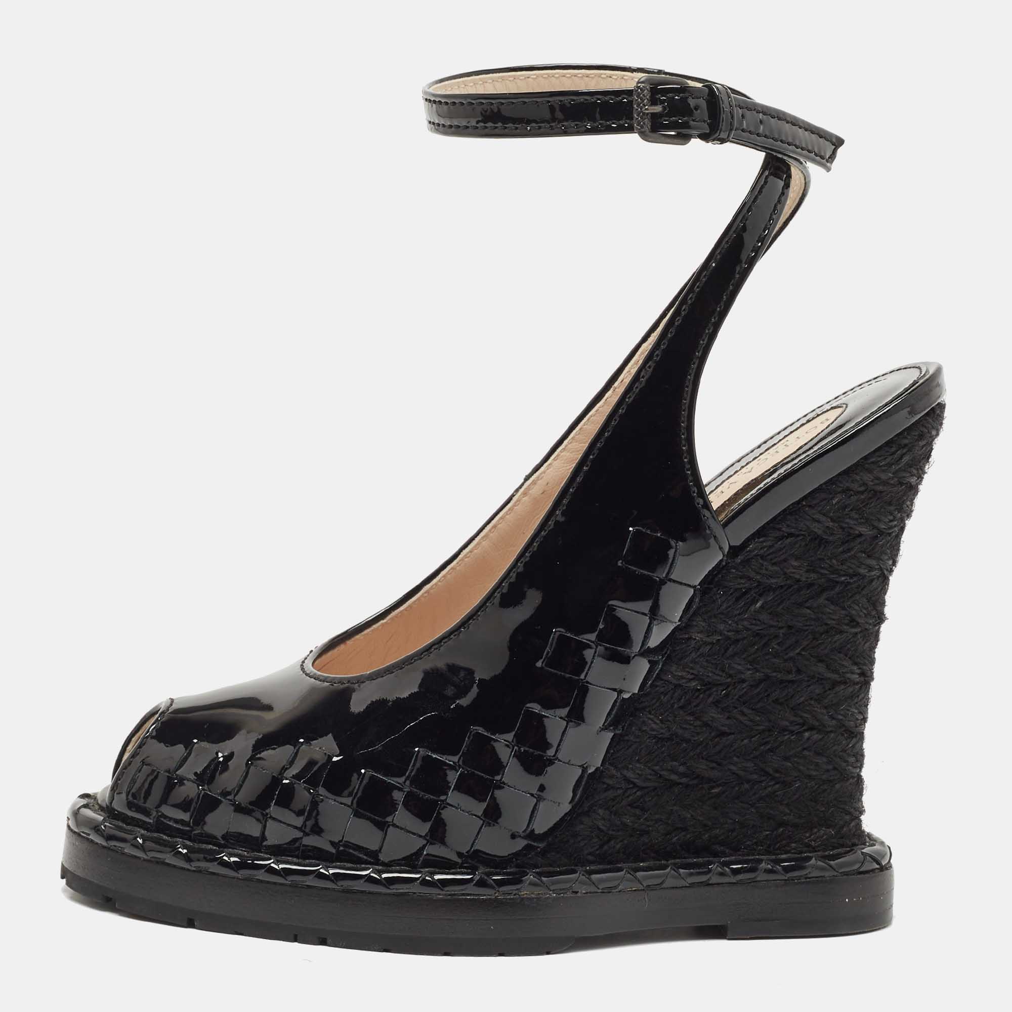 Pre Owned Bottega Veneta Black Patent Leather Intrecciato Wedge Ankle Wrap Peep Toe Sandals Size 37