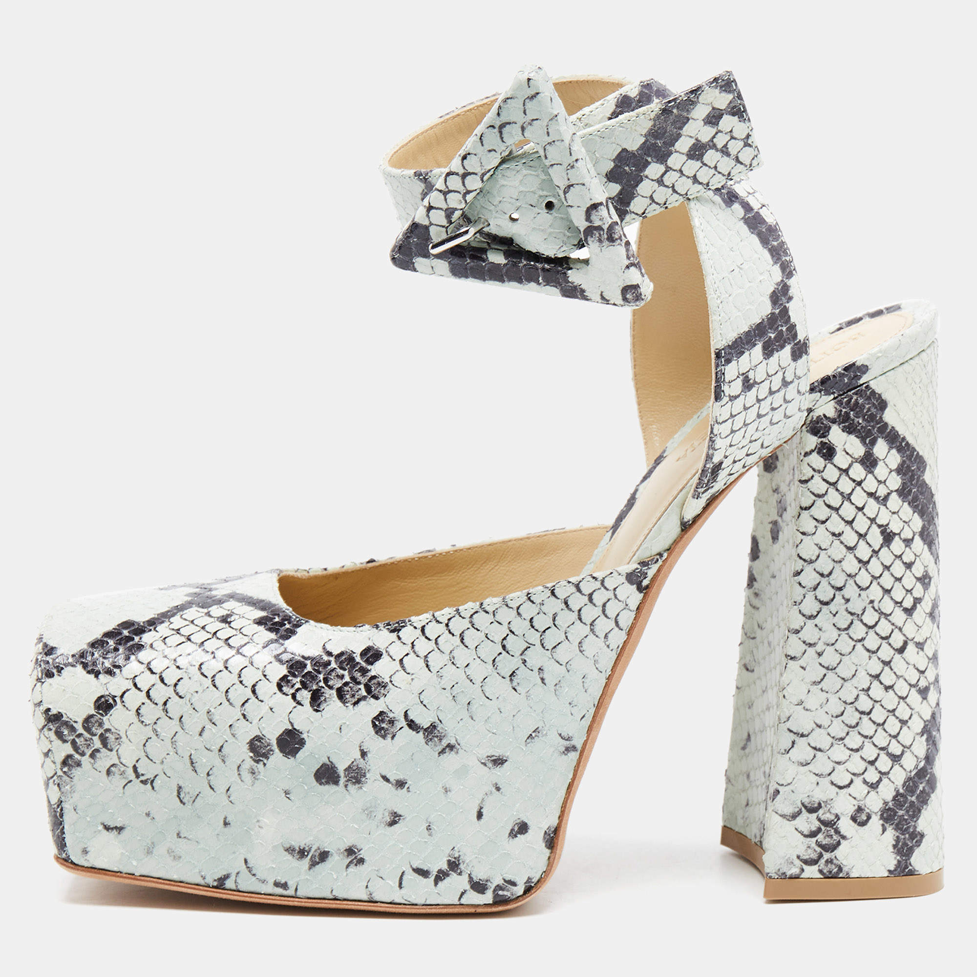 Pre Owned Bottega Veneta Two Tone Embossed Snakeskin Square Toe Ankle Strap Pumps Size 38