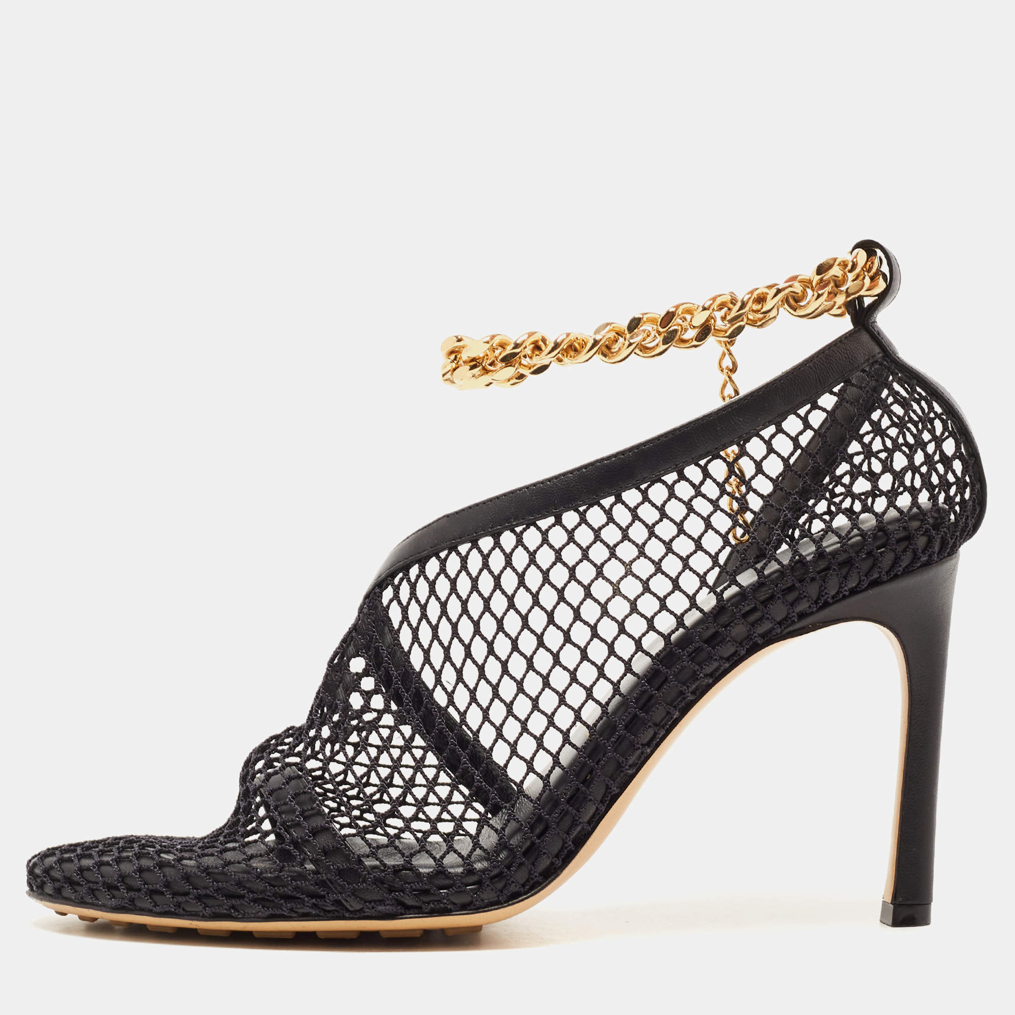 Bottega Veneta Black Mesh and Leather Chunky Chain Ankle Strap Sandals Size 37.5