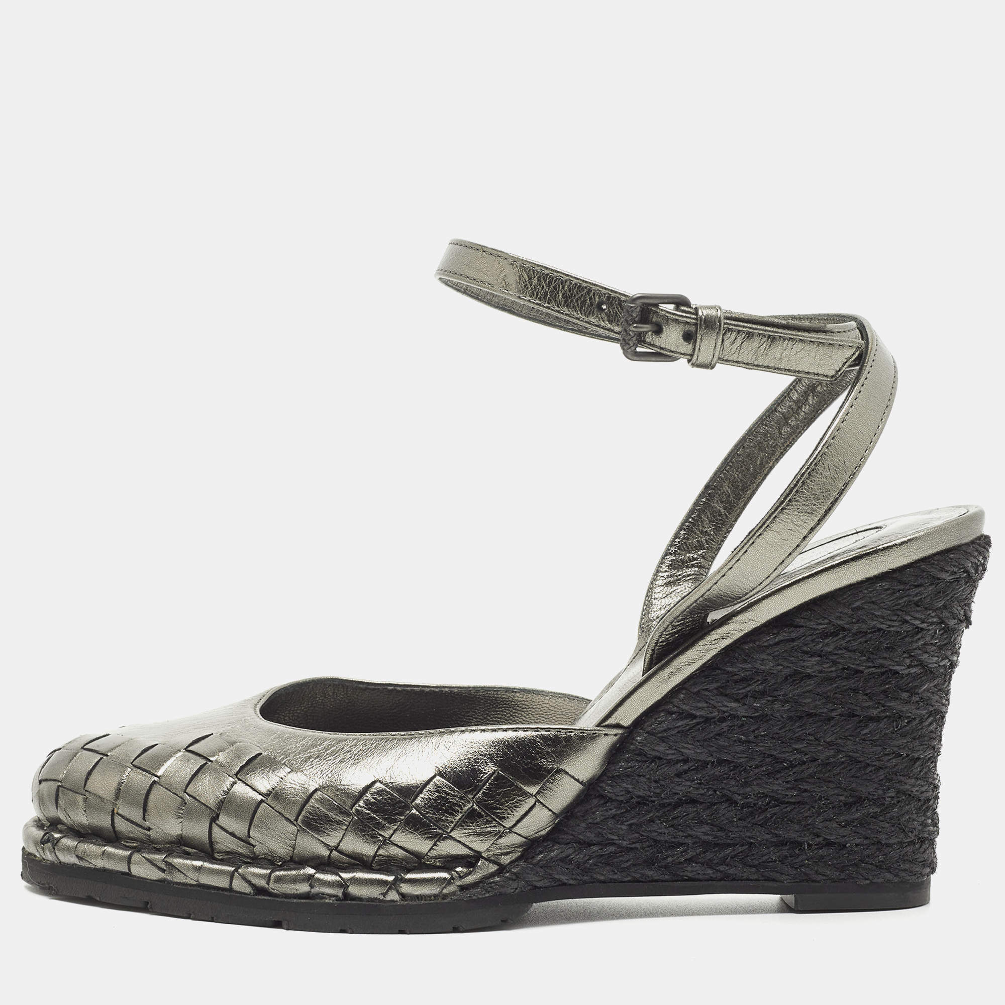 Pre Owned Bottega Veneta Metallic Intrecciato Leather Espadrille Wedge Ankle Strap Sandals Size 35